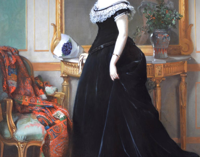 La Femme en Noir - Large 19th Century French Belle Epoque Oil Painting Portrait For Sale 2