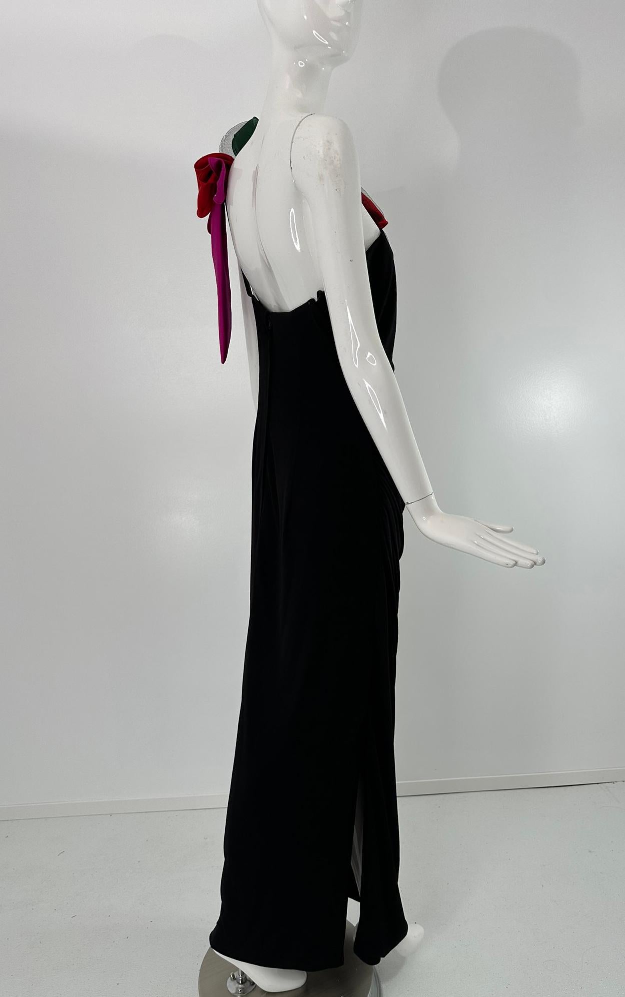 Eugene Alexander Robe asymétrique drapée en jersey noir avec épaule florale 1980 en vente 3