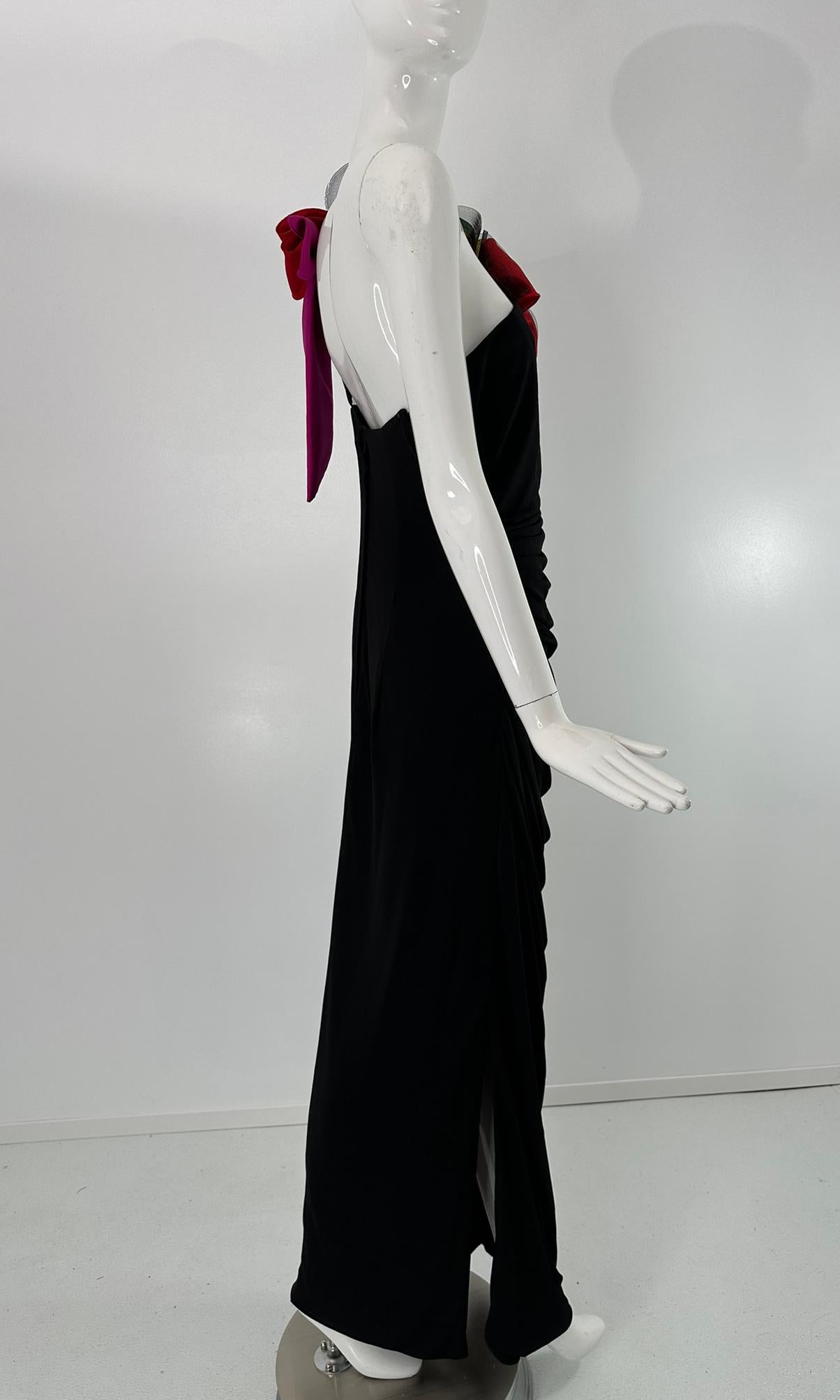 Eugene Alexander Robe asymétrique drapée en jersey noir avec épaule florale 1980 en vente 4