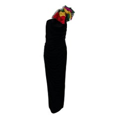 Eugene Alexander One Shoulder Black Jersey Draped Gown With Floral Shoulder 1980