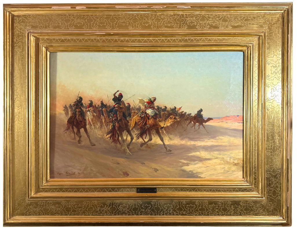 Eugene Alexis Girardet Animal Painting - The Charge 19th-century Realism Antique Oil Painting on Canvas, Signed