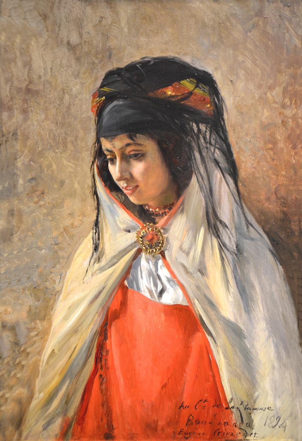 Portrait Painting Eugene Alexis Girardet - La broche en or, peinture à l'huile orientaliste, signée et datée de 1894