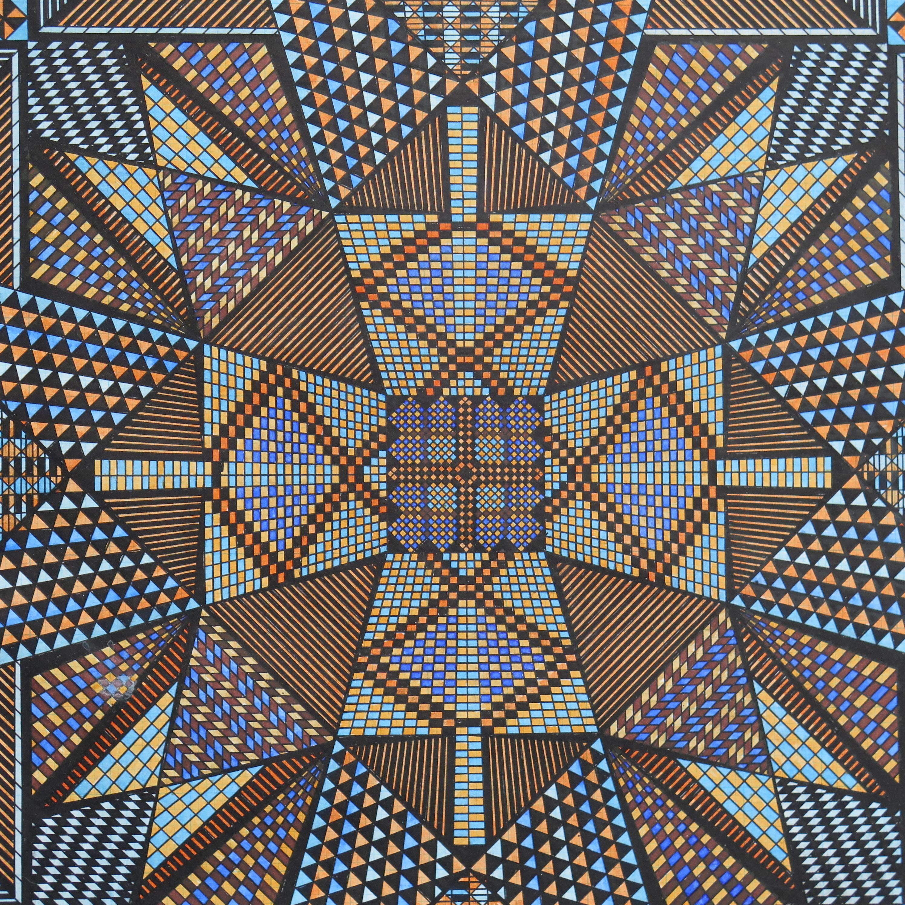 Eugene Andolsek (1921-2008) charted his own path in making art in isolation. Working with a few colors of ink he mixed shades with an eyedropper and colored his designs with metal tipped pen on graph paper. He never showed his work until it was