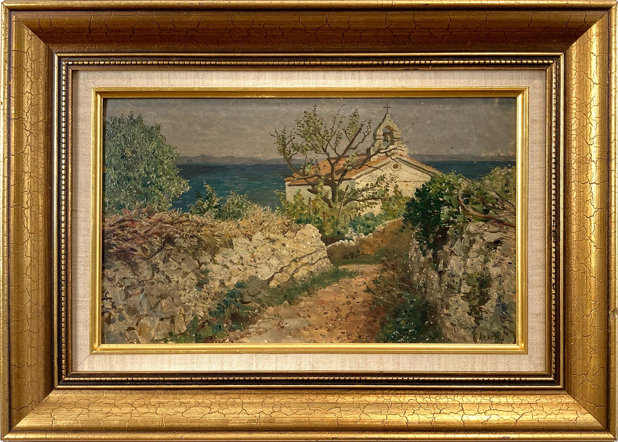 Landscape Painting Eugene Ankelen - "Bei Spalato" Peinture à l'huile italienne impressionniste de paysage de Costal sur panneau