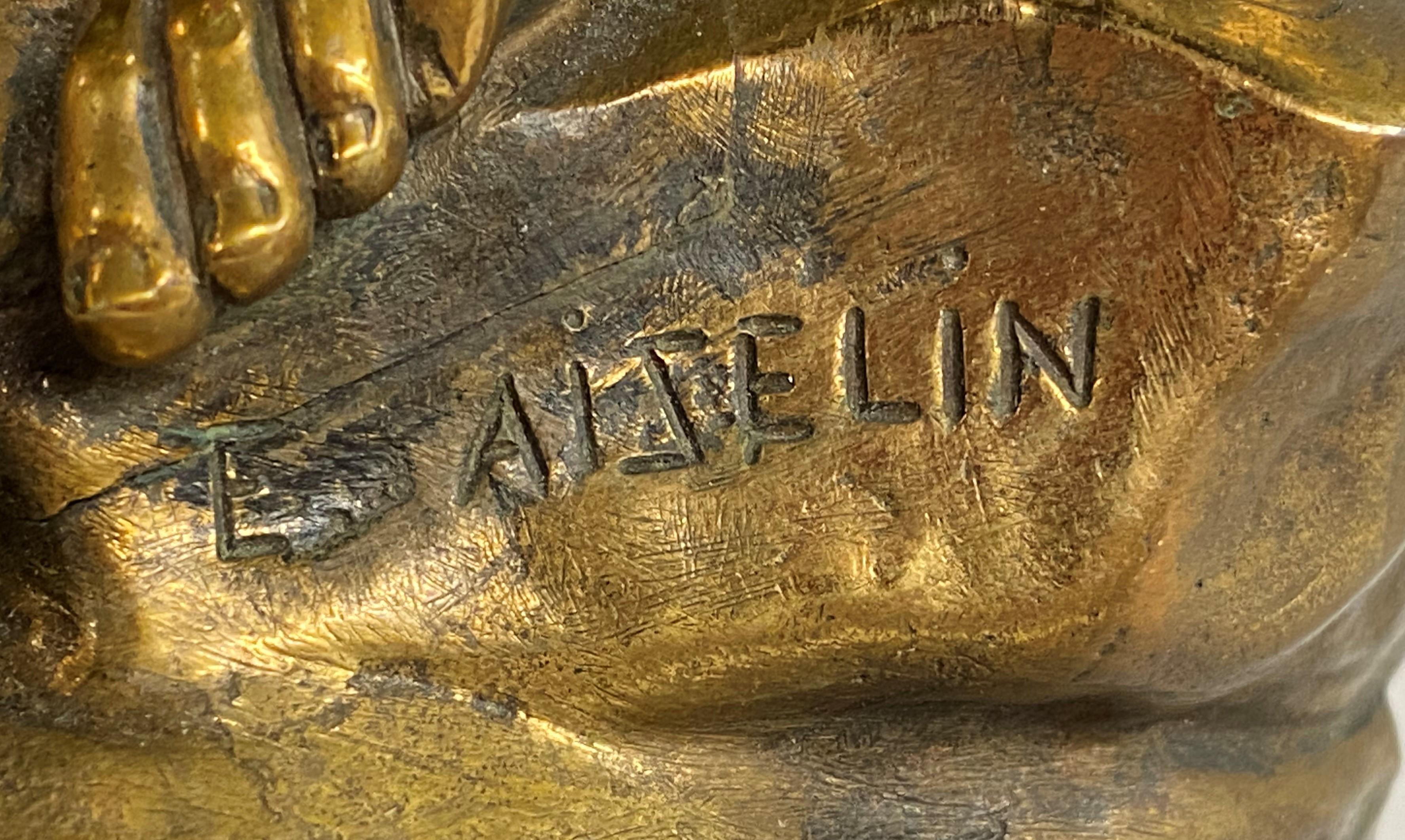 A beautiful gilt cast bronze titled “Nymphe de Diane” with her dog by French sculptor Eugène Antoine Aizelin (1821-1902). Aizelin was a pupil of Etienne-Jules Ramey and Augustin-Alexandre Dumont at the Ecole des Beaux-Arts, Paris.He received