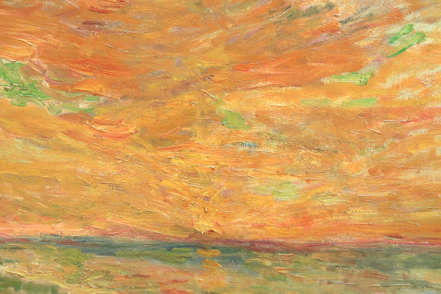 Coucher De Soleil - 1898 - Post Impressionist Oil, Seascape by Eugene Durenne - Painting by Eugene Antoine Durenne