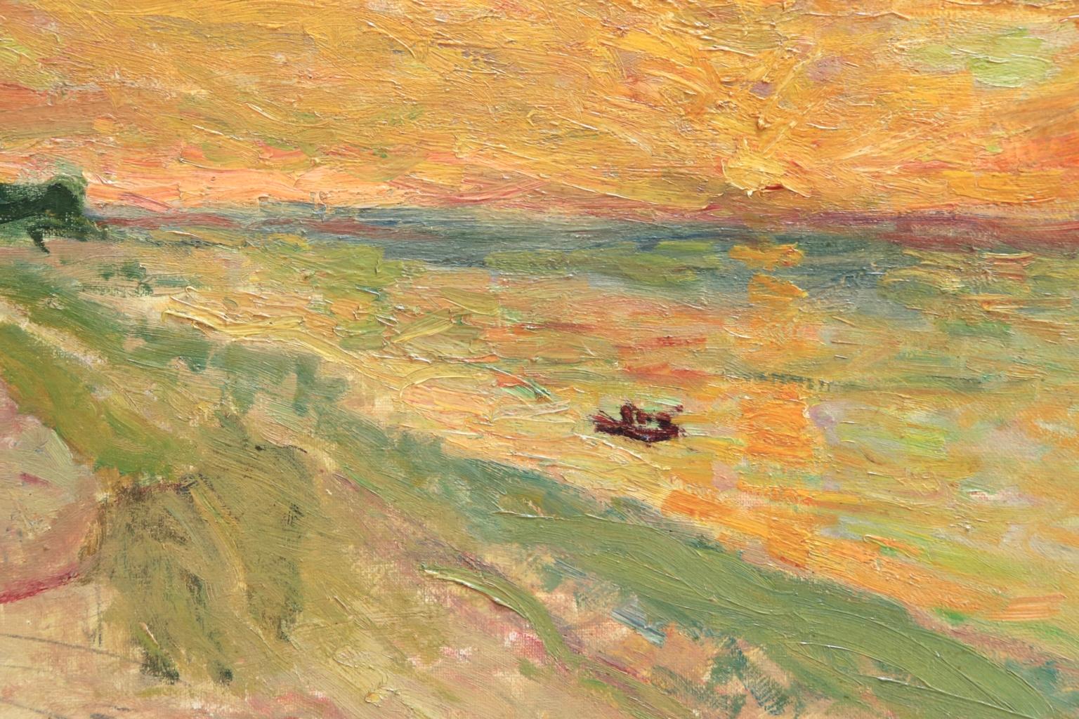 Coucher De Soleil - 1898 - Post Impressionist Oil, Seascape by Eugene Durenne - Post-Impressionist Painting by Eugene Antoine Durenne