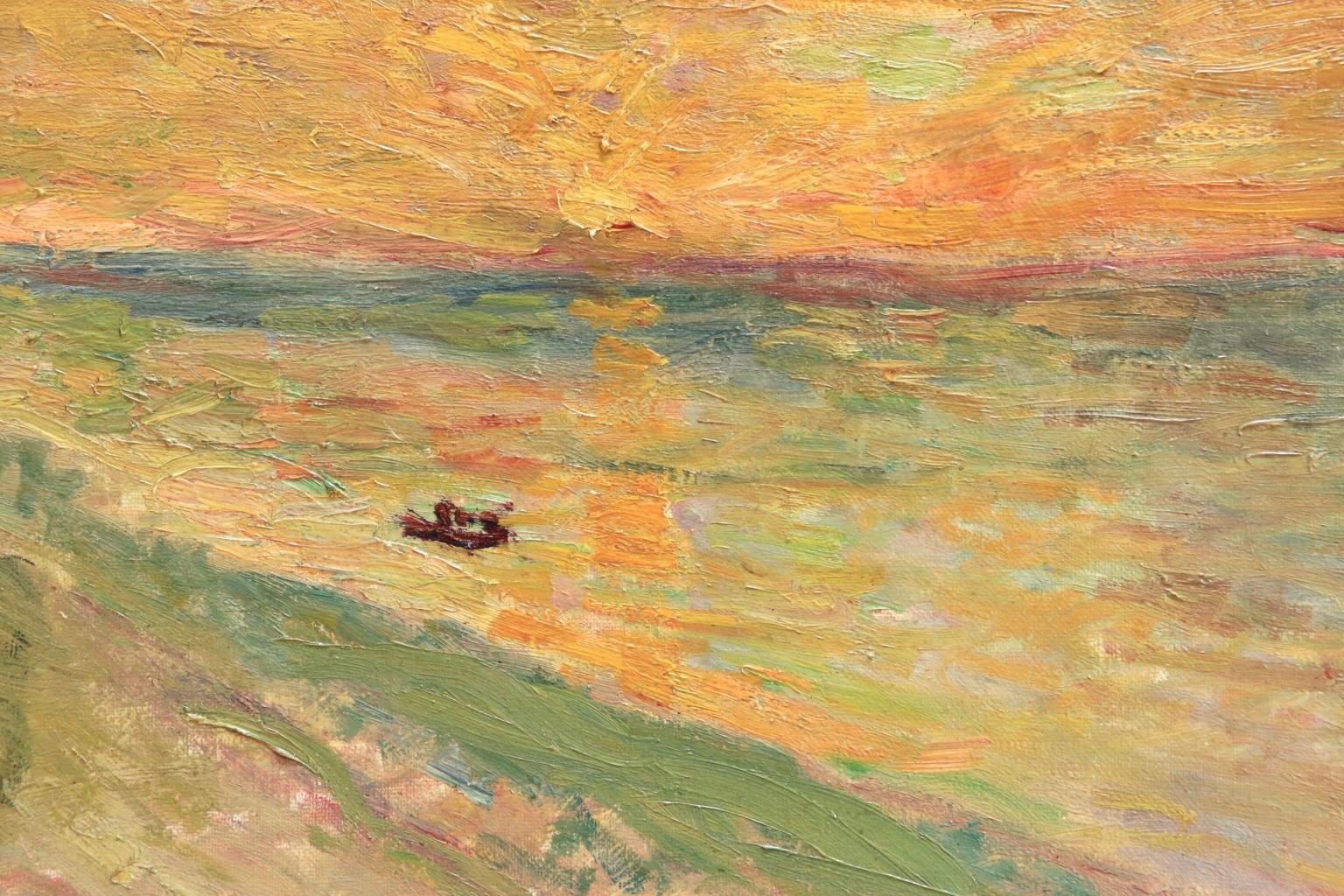 Coucher De Soleil - 1898 - Post Impressionist Oil, Seascape by Eugene Durenne - Orange Landscape Painting by Eugene Antoine Durenne