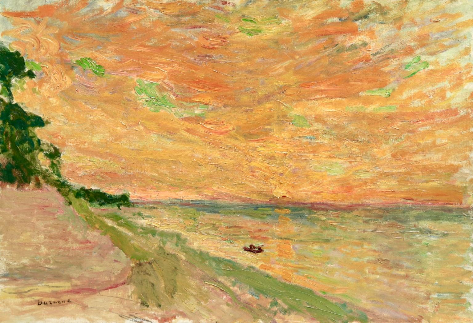 Eugene Antoine Durenne Landscape Painting - Coucher De Soleil - 1898 - Post Impressionist Oil, Seascape by Eugene Durenne