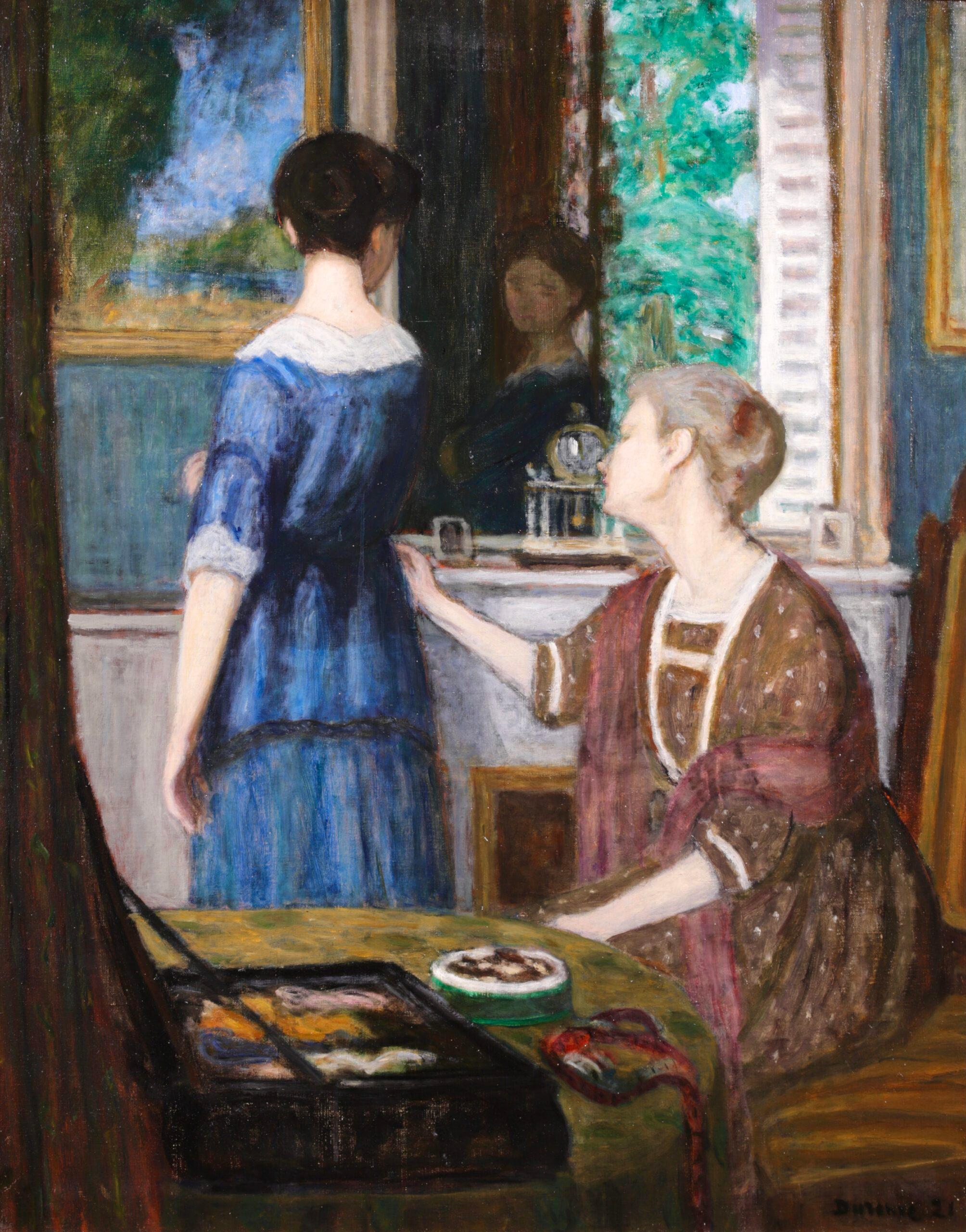 La Robe Bleu - Postimpressionistische Figuren im Interieur, Öl von Eugene Durenne – Painting von Eugene Antoine Durenne