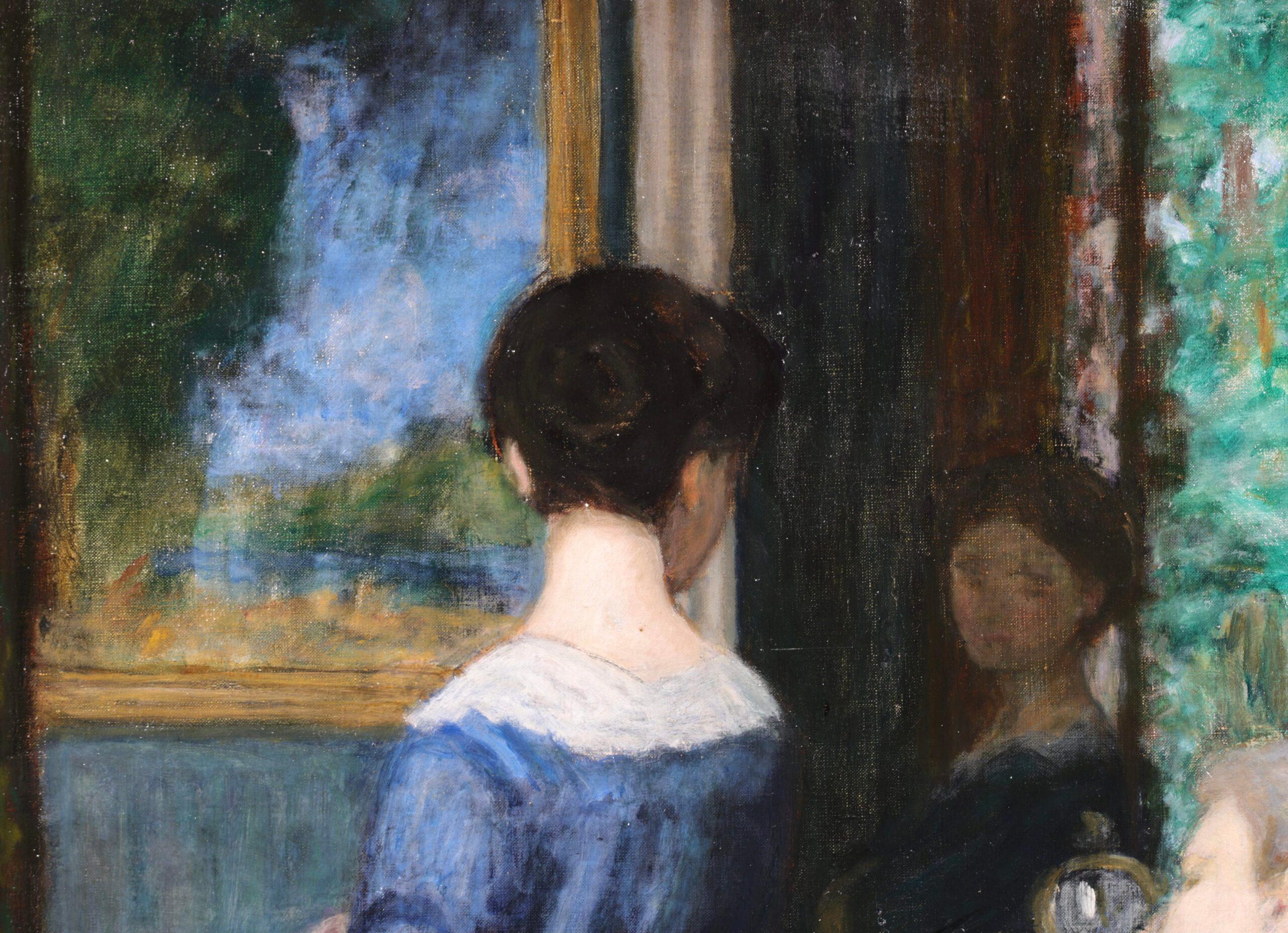 La Robe Bleu - Postimpressionistische Figuren im Interieur, Öl von Eugene Durenne (Beige), Interior Painting, von Eugene Antoine Durenne