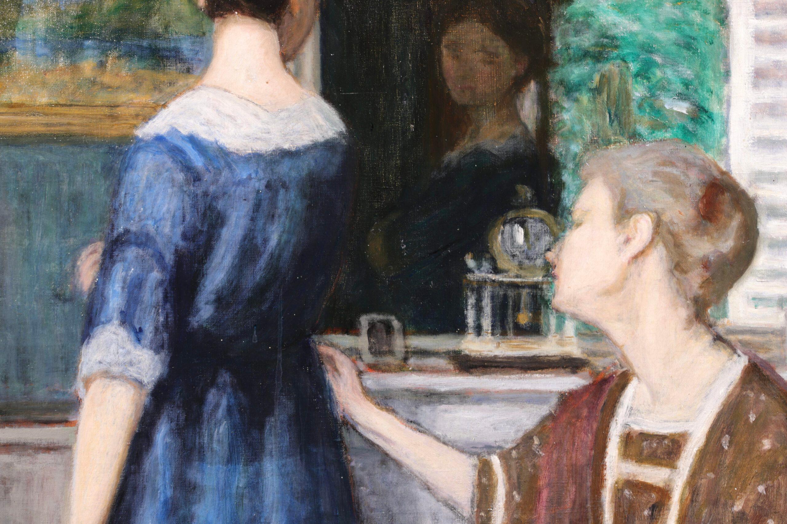 Signed figurative oil on original canvas by French post impressionist painter Eugene Antoine Durenne. The work depicts a young woman wearing a blue dress looking in a mirror. A seamstress is seated beside her pinning the waist of the