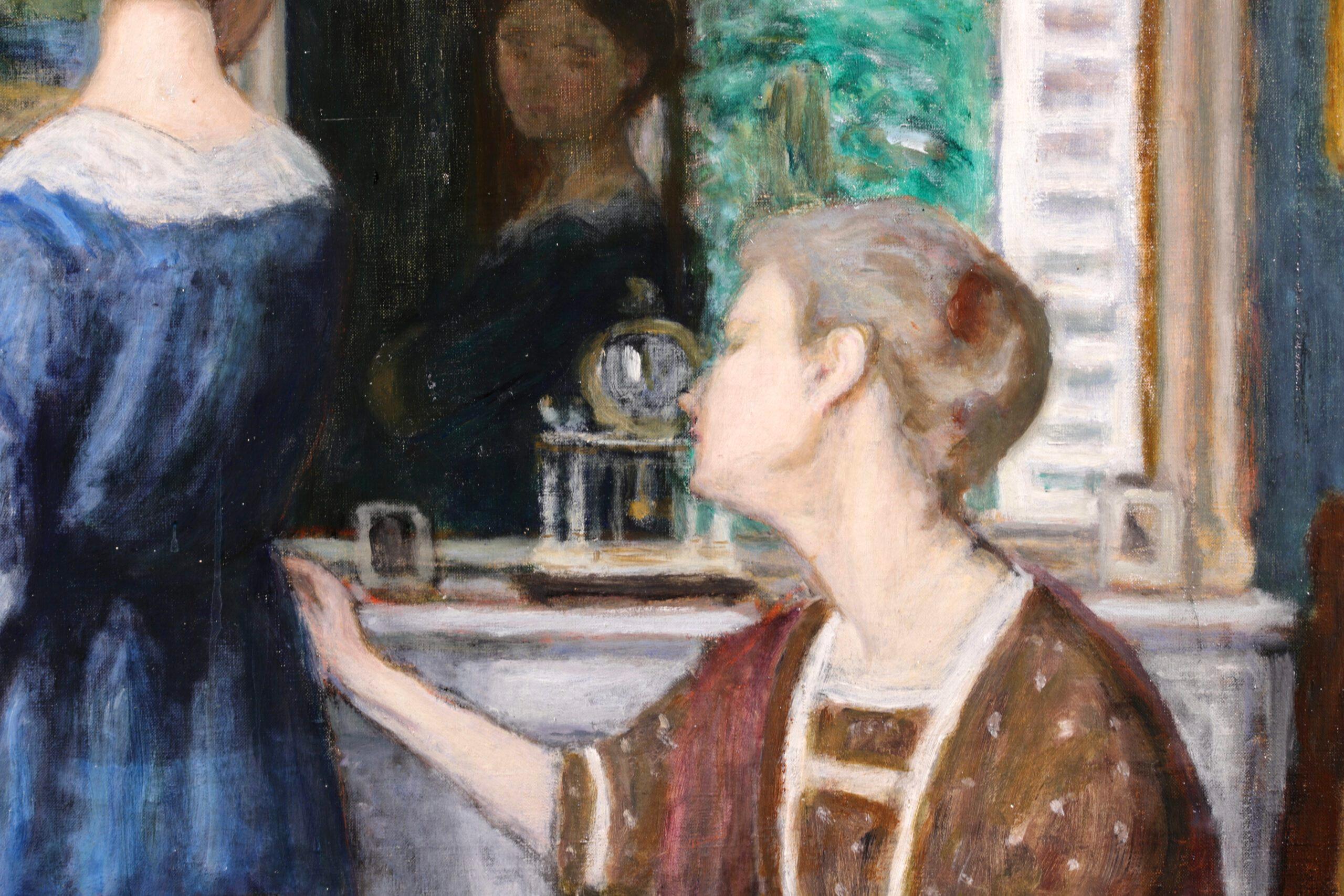 La Robe Bleu - Postimpressionistische Figuren im Interieur, Öl von Eugene Durenne im Angebot 1