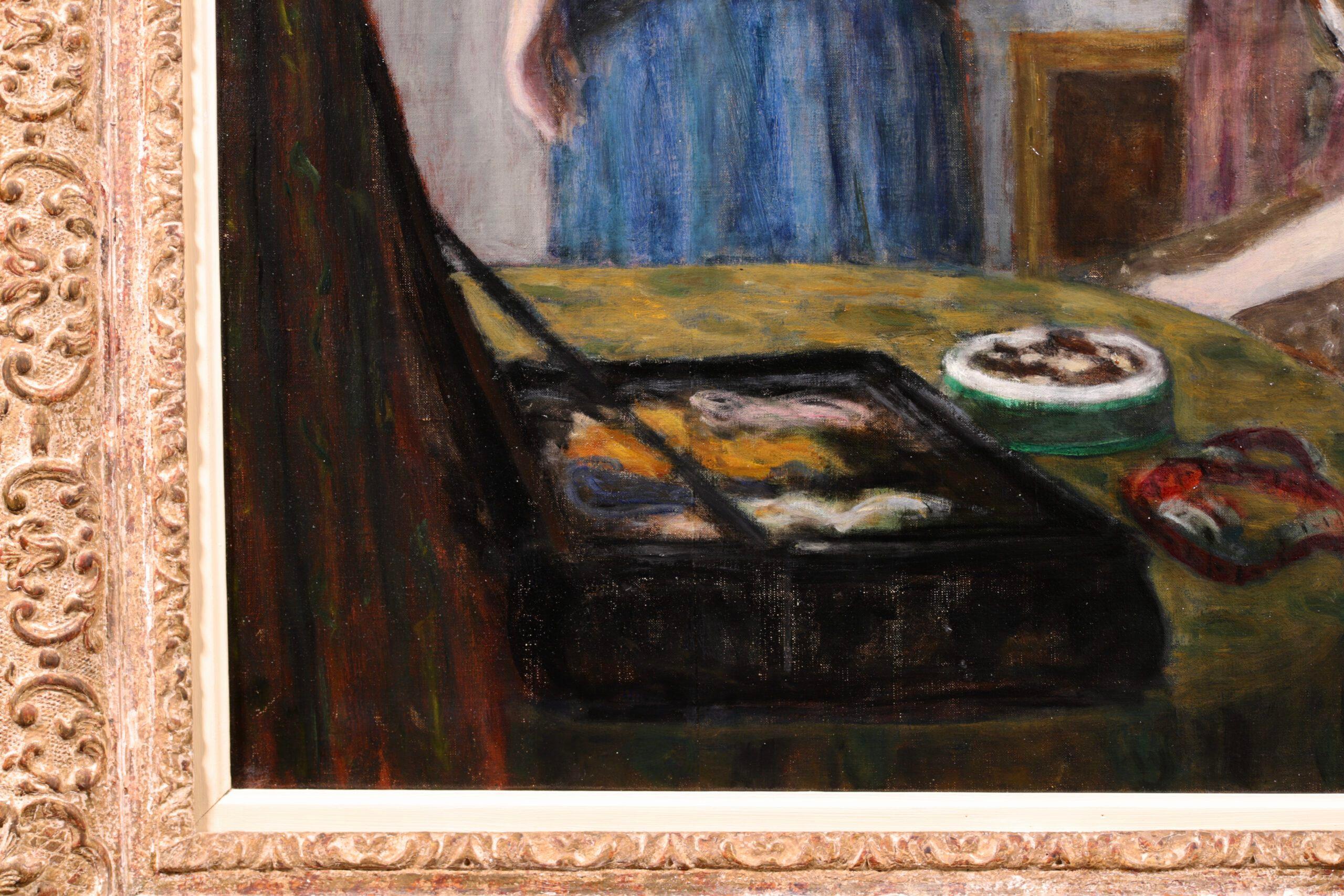La Robe Bleu - Postimpressionistische Figuren im Interieur, Öl von Eugene Durenne im Angebot 3