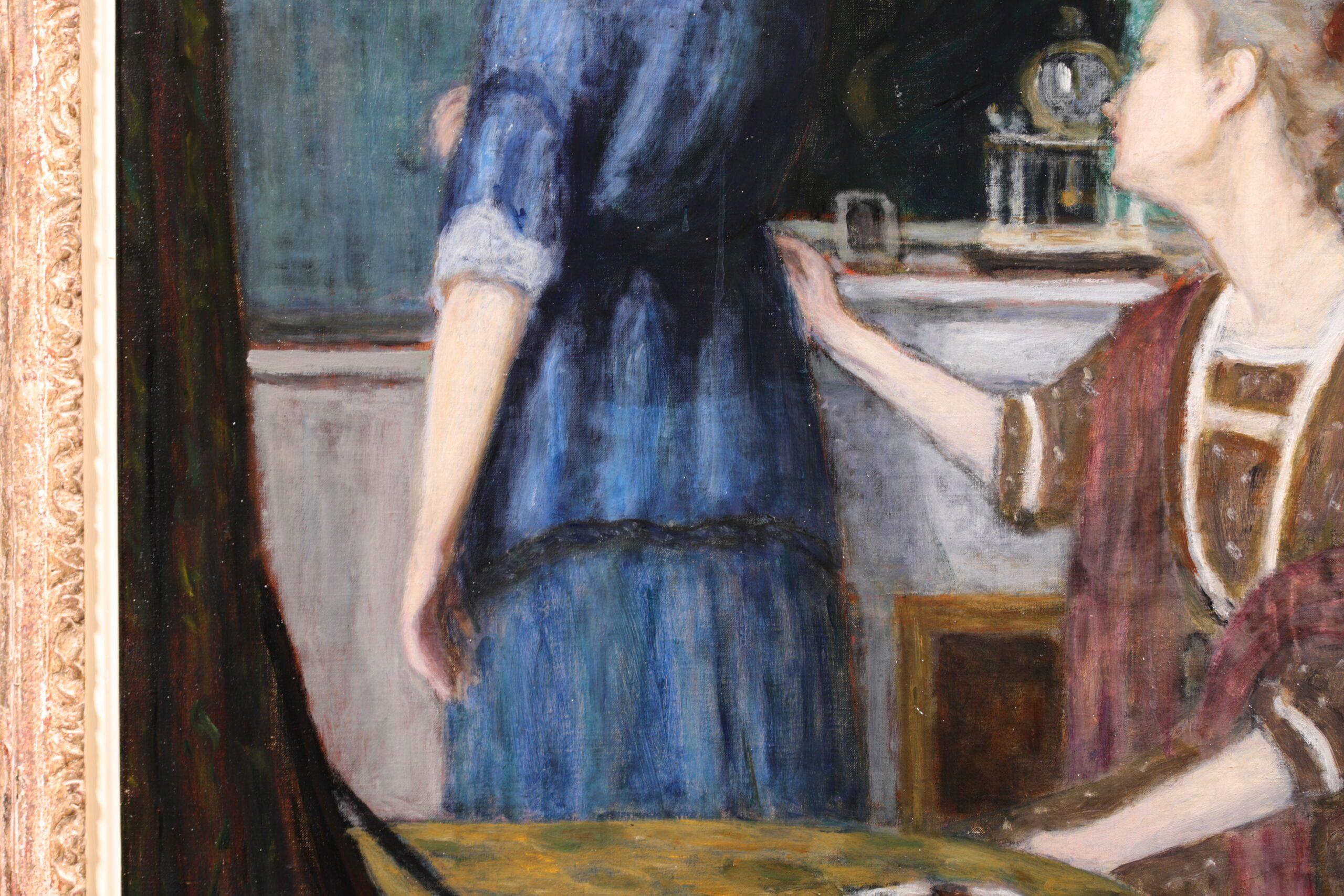 La Robe Bleu - Post Impressionist Figures in Interior Oil by Eugene Durenne For Sale 4