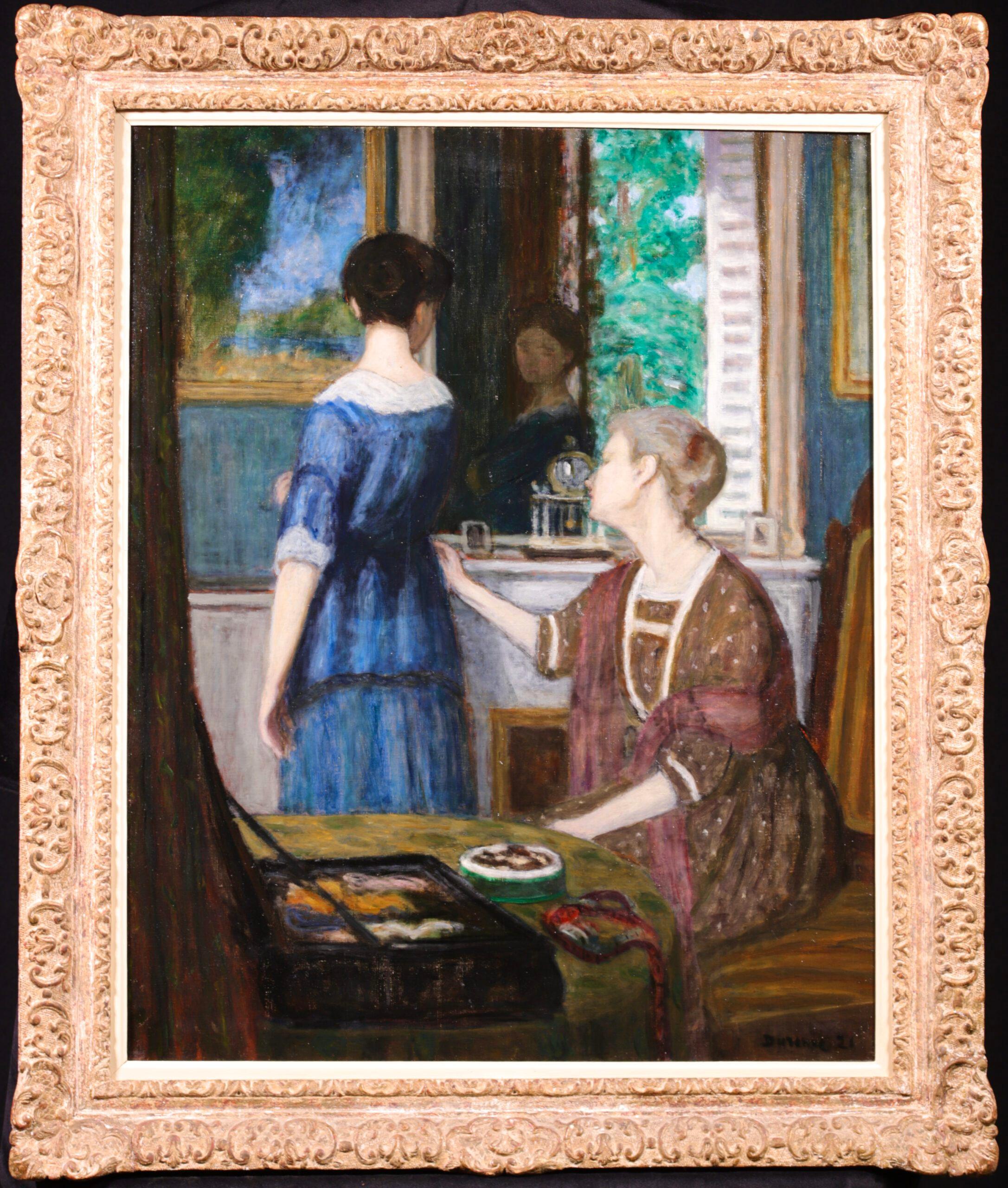 Eugene Antoine Durenne Interior Painting – La Robe Bleu - Postimpressionistische Figuren im Interieur, Öl von Eugene Durenne