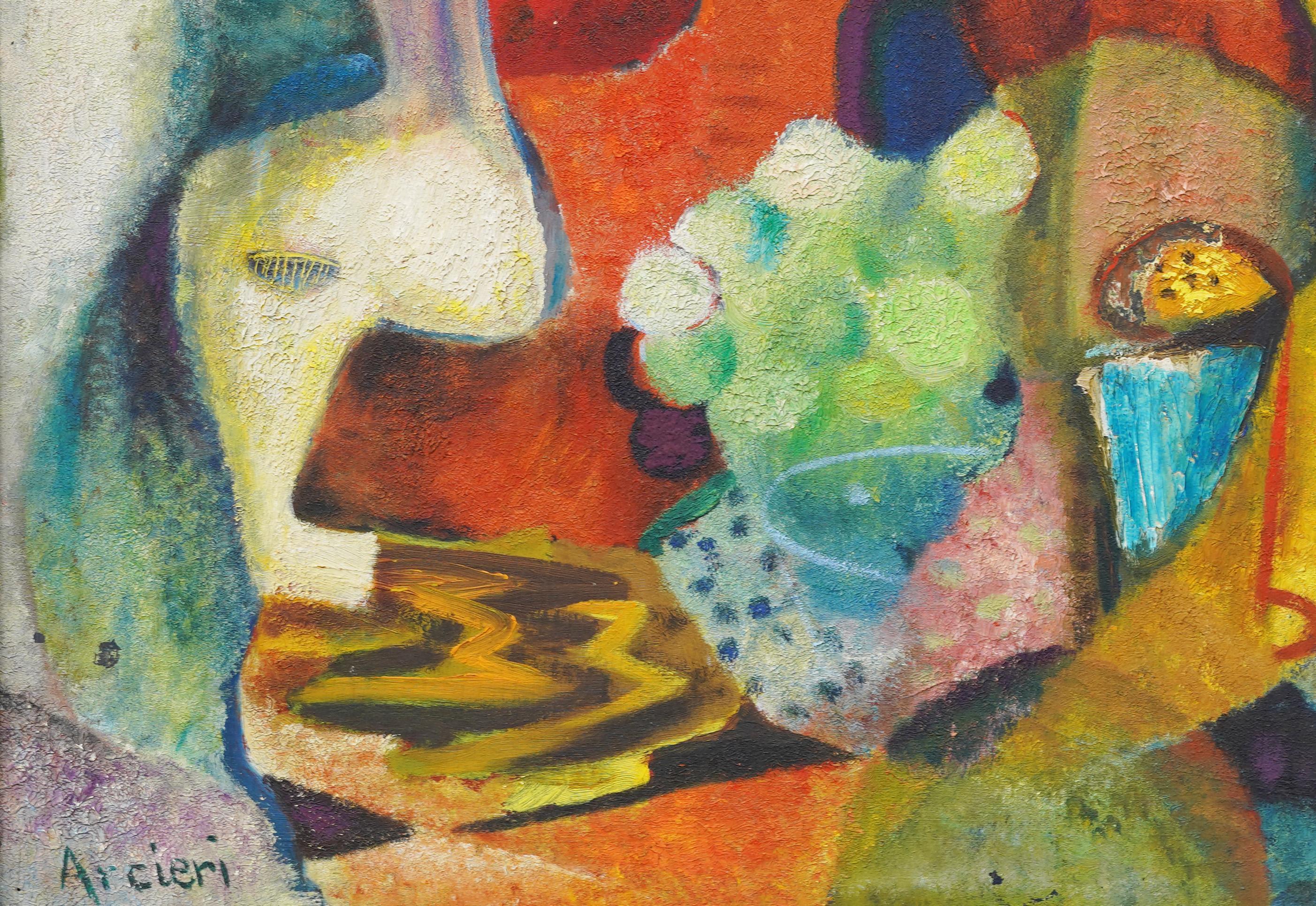Antico dipinto ad olio astratto modernista americano di Eugene Arcieri (1914 - 2005). Olio su tavola. Incorniciato. Firmato. Misura 15 x 19 pollici in totale e 14 x 18 solo per il dipinto. In eccellenti condizioni originali. Incorniciato da una