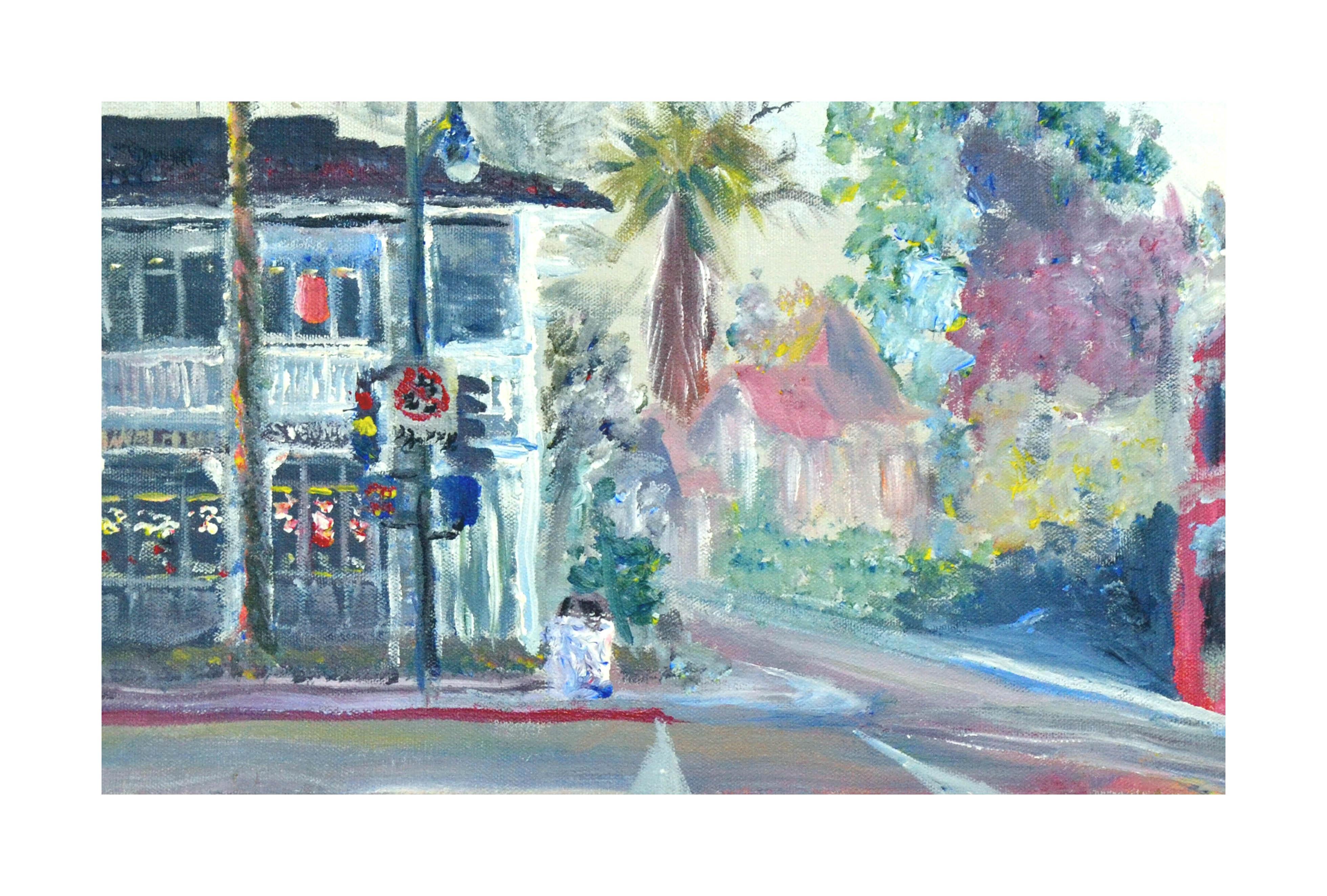 1980s Downtown Los Gatos, California Street Scene - Painting by Eugene Atchinson
