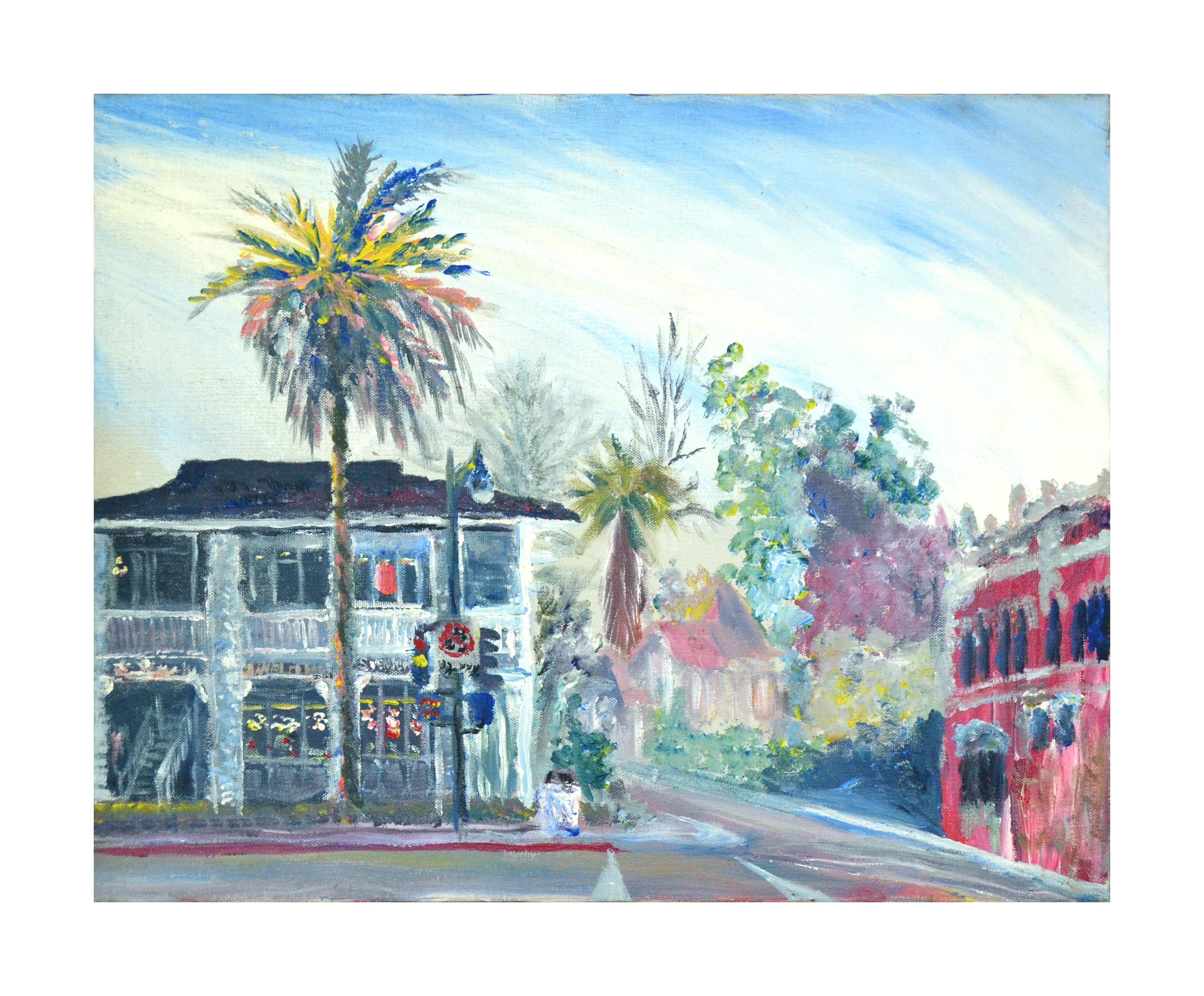 Eugene Atchinson Landscape Painting - 1980s Downtown Los Gatos, California Street Scene
