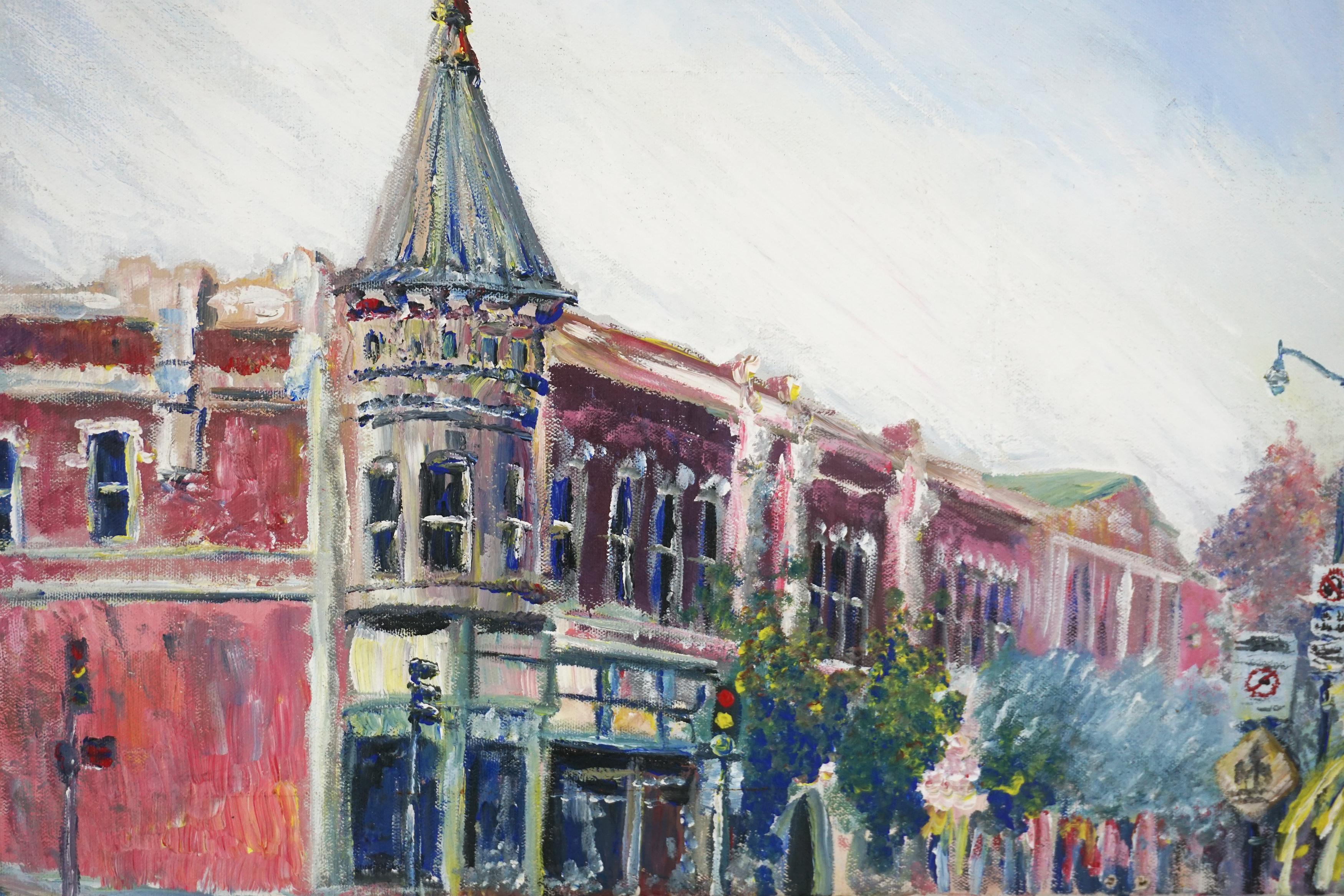 Vintage Downtown Los Gatos, California Street Scene - Painting by Eugene Atchinson