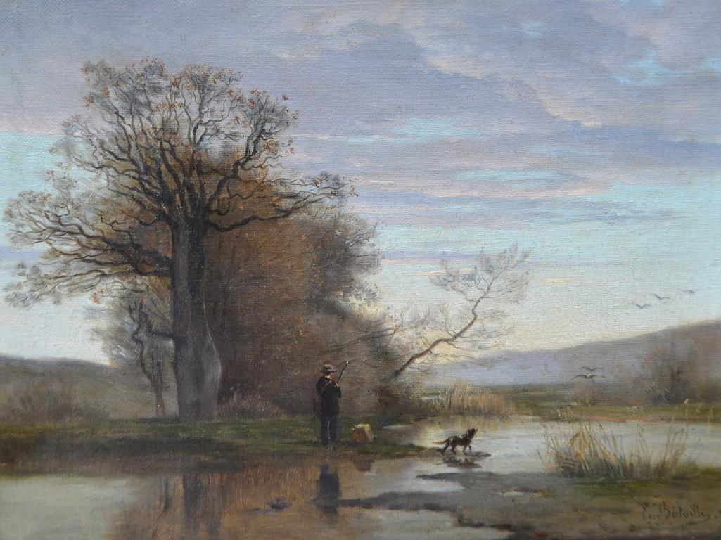 Landscape Painting Eugene Bataille - Chasse aux canards, 19e siècle Huile sur toile Paysage
