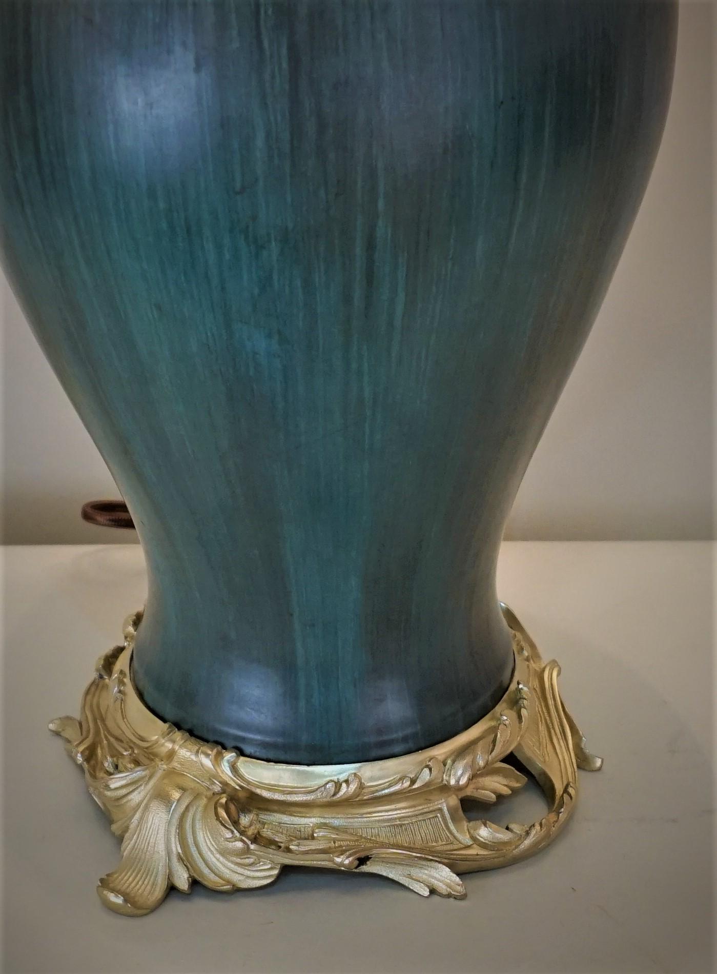 Eugene Baudin Pottery Lamp Set in Bronze Frame 3