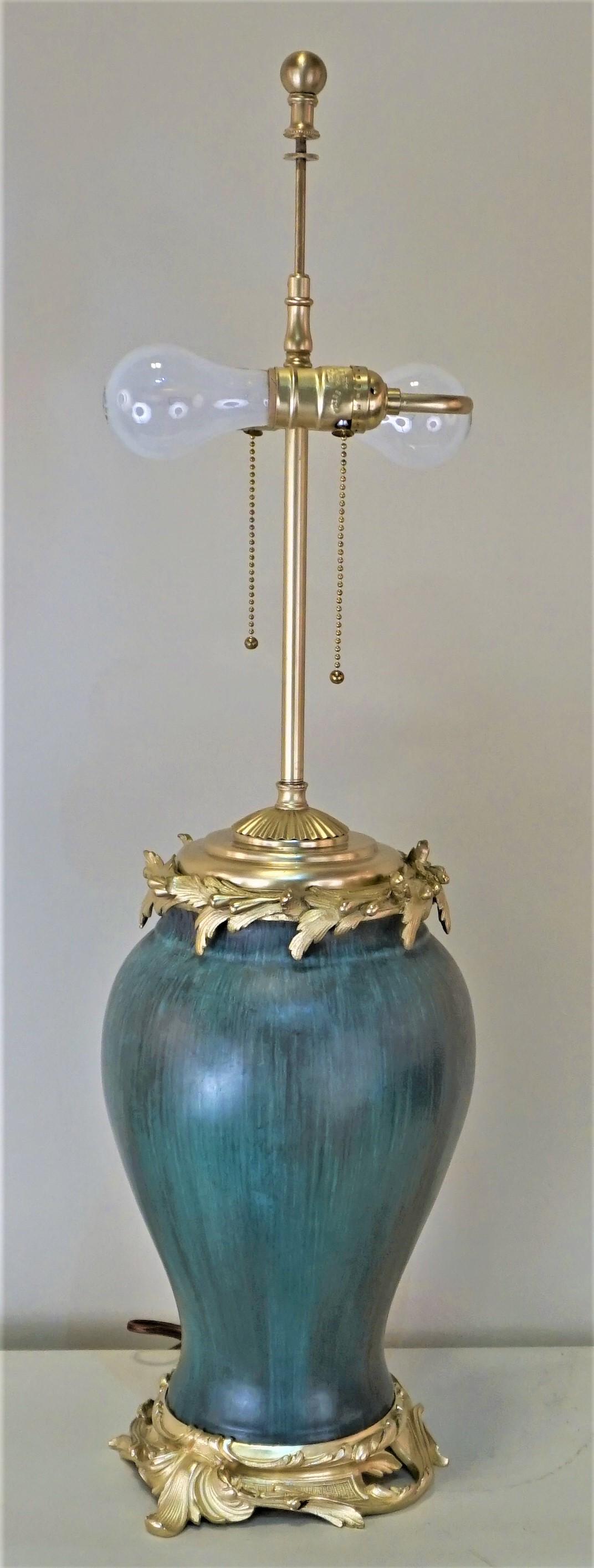 French Eugene Baudin Pottery Lamp Set in Bronze Frame