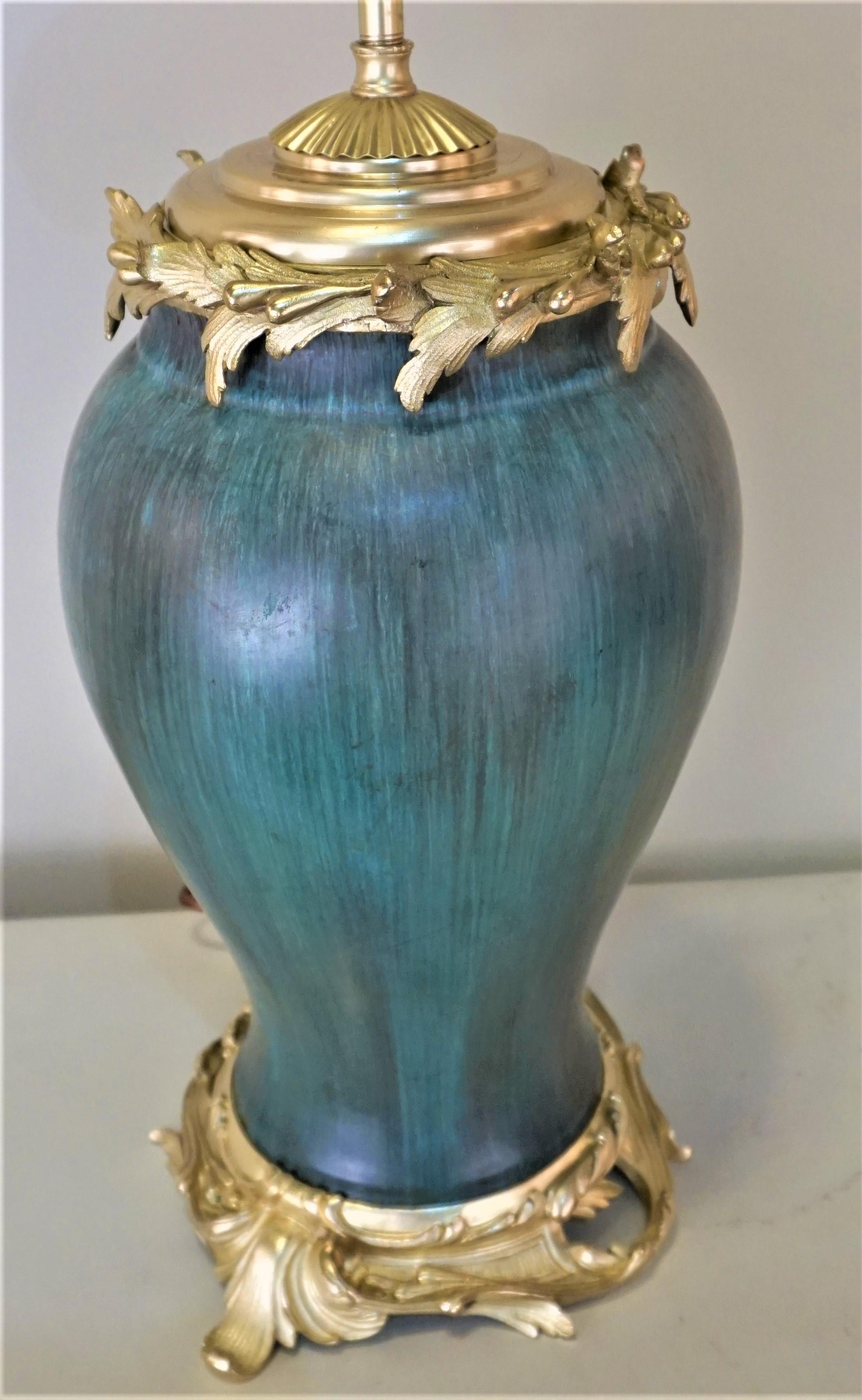 Eugene Baudin Pottery Lamp Set in Bronze Frame In Good Condition In Fairfax, VA