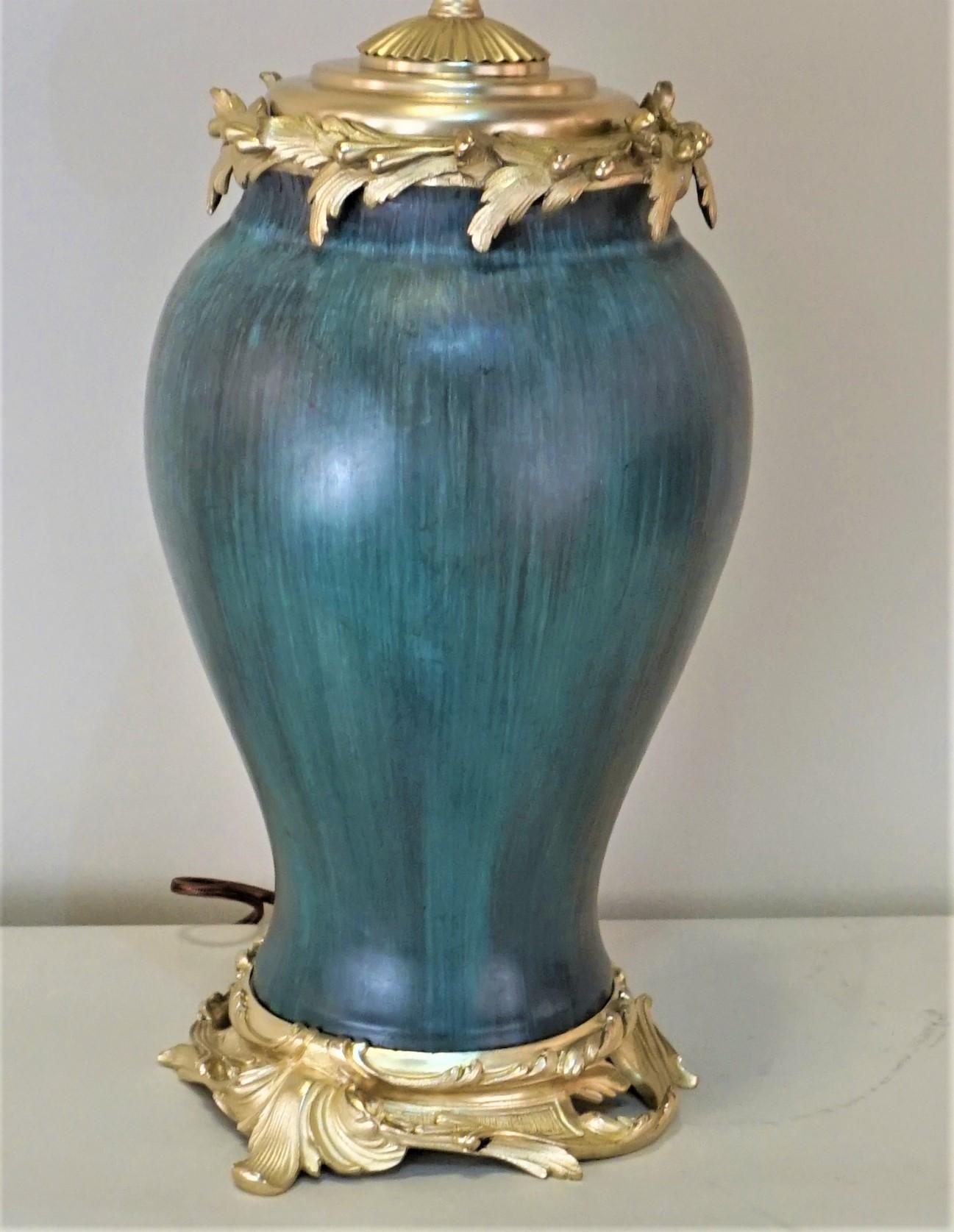 Early 20th Century Eugene Baudin Pottery Lamp Set in Bronze Frame