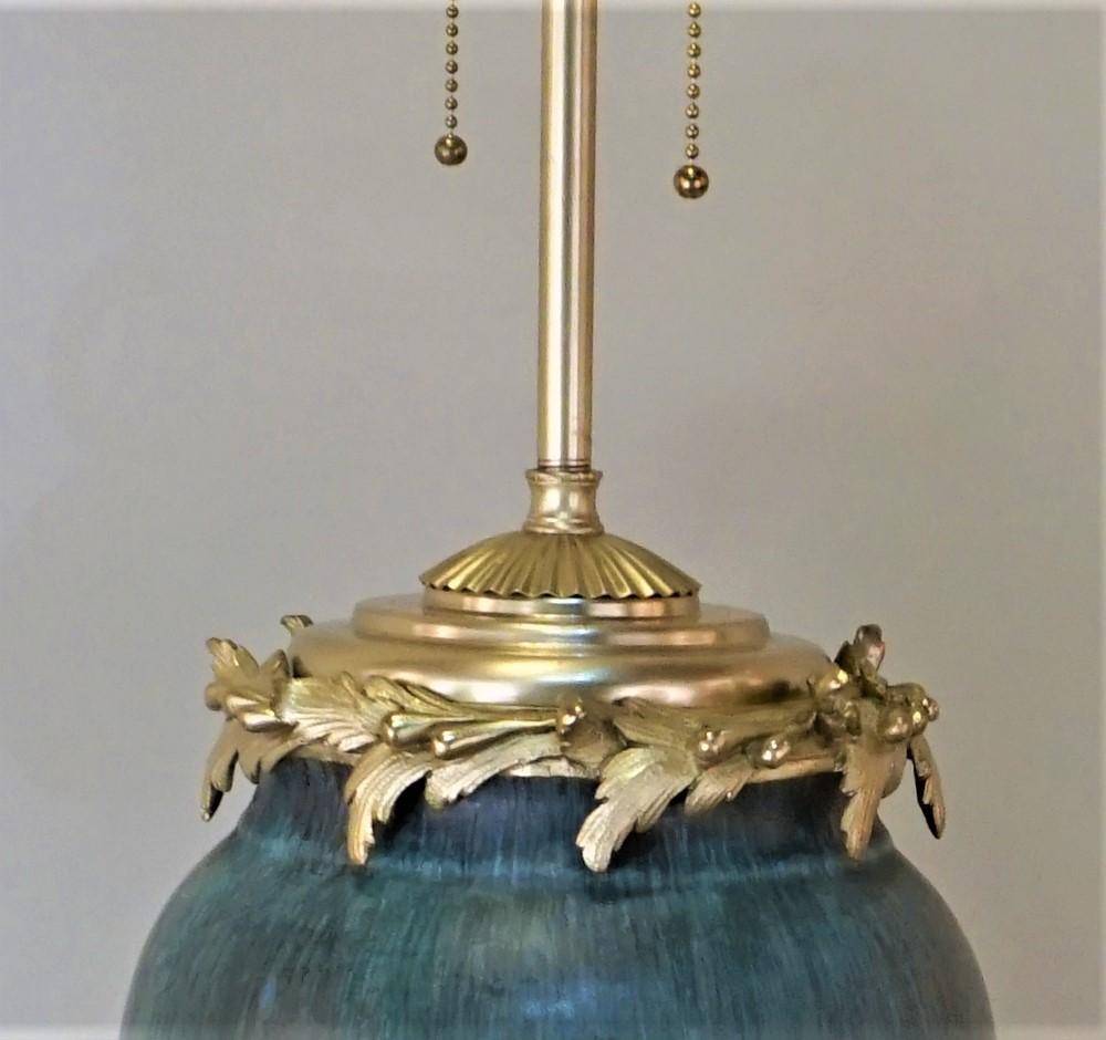 Eugene Baudin Pottery Lamp Set in Bronze Frame 1