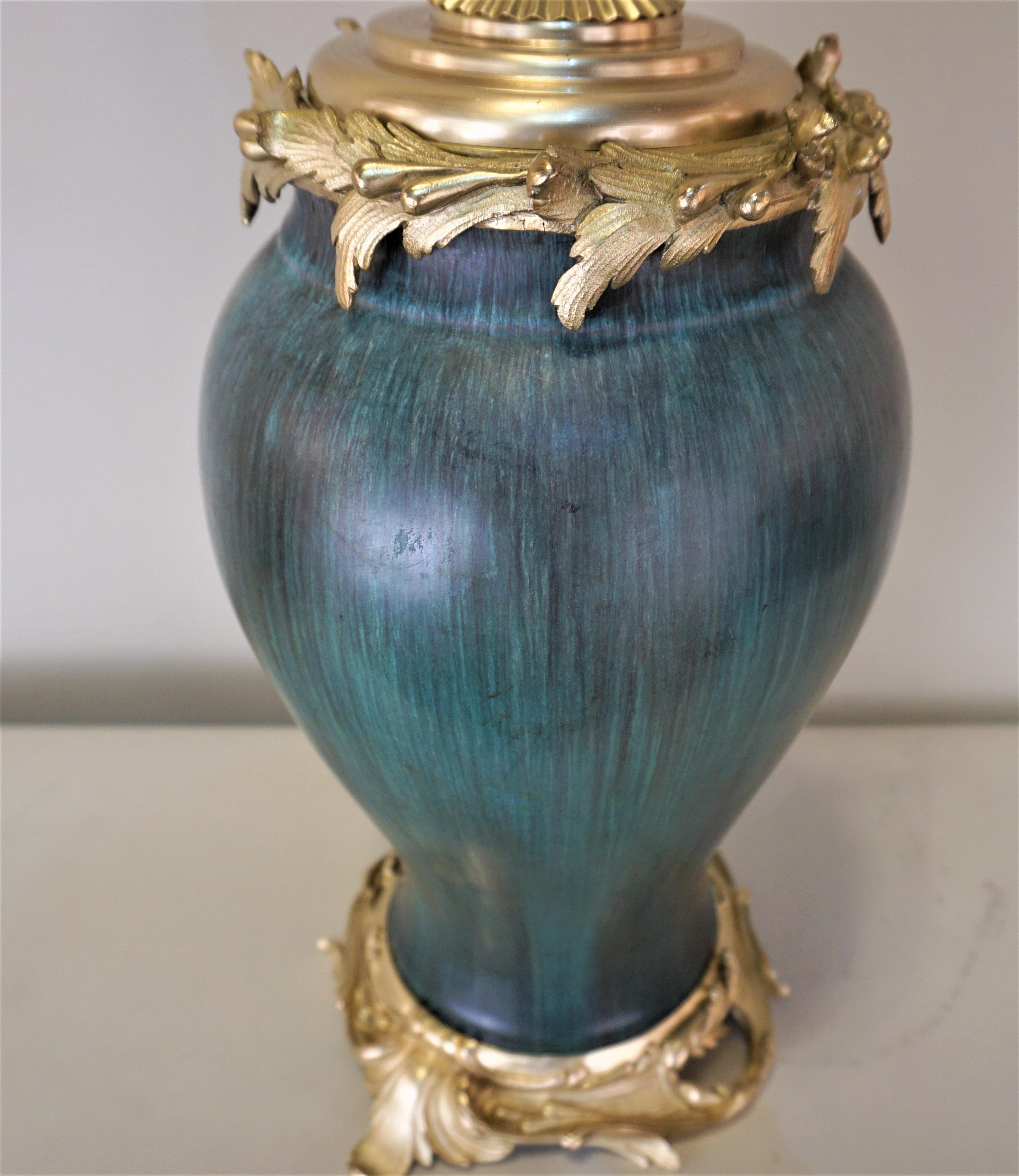 Eugene Baudin Pottery Lamp Set in Bronze Frame 2