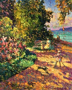 Children's game in a garden by the sea, original oil on canvas, Pointillist  