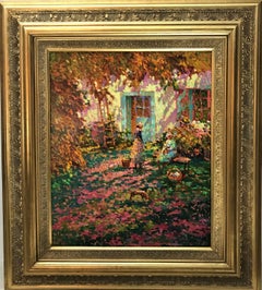 Conversation in a Farmyard, original oil on canvas, pointillist, late 20thC