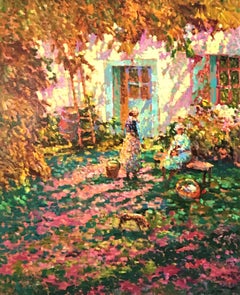 Conversation in a Farmyard, original oil on canvas, pointillist, late 20thC