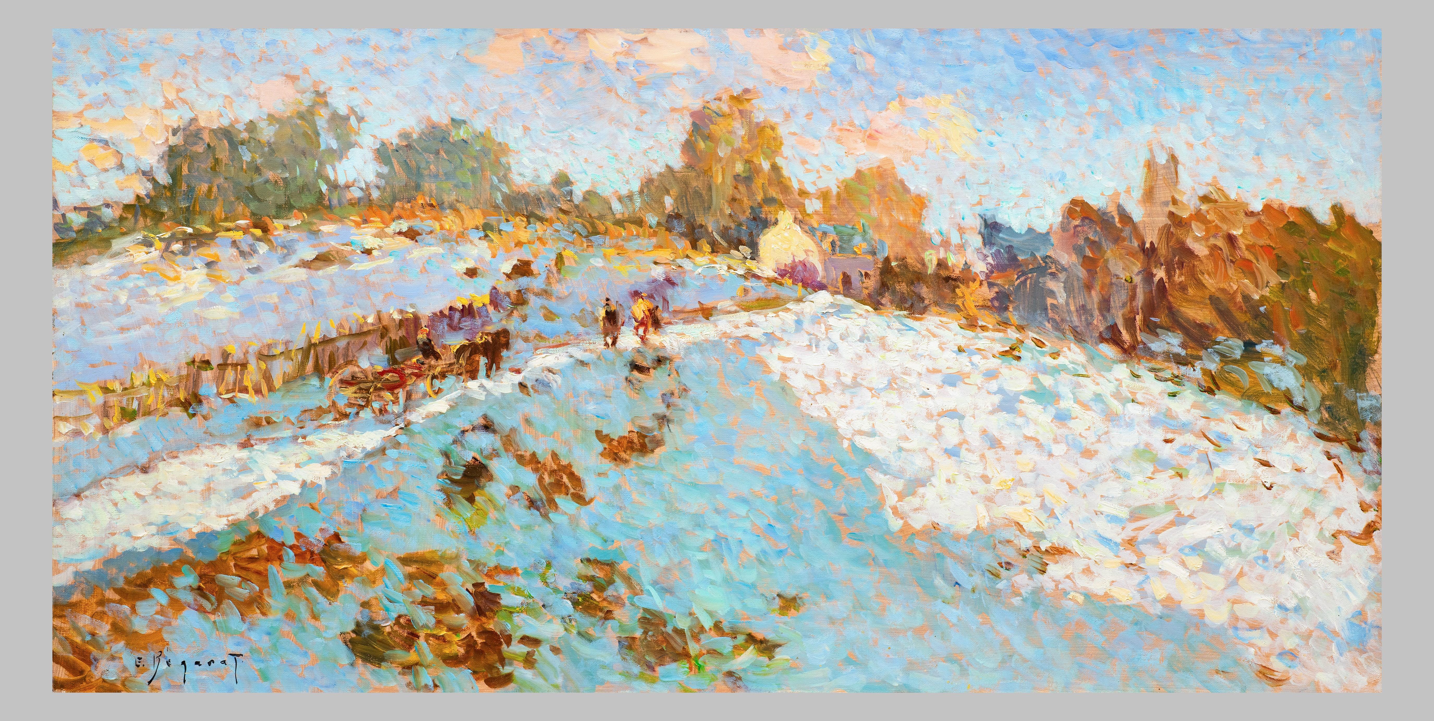 Pointillist Painting 
"The Road Beneath the Snow (Le Chemin Sous la Neige)"
Eugène Bégarat (French, 1943)
Oil on canvas
15 3/4 x 31 1/2 inches

Saturated with winter's light glinting off the snow making sparkling jewels from the refracting sunshine.