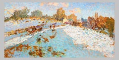 Peinture pointilliste "La route sous la neige" Eugène Bégarat (français, 1943)