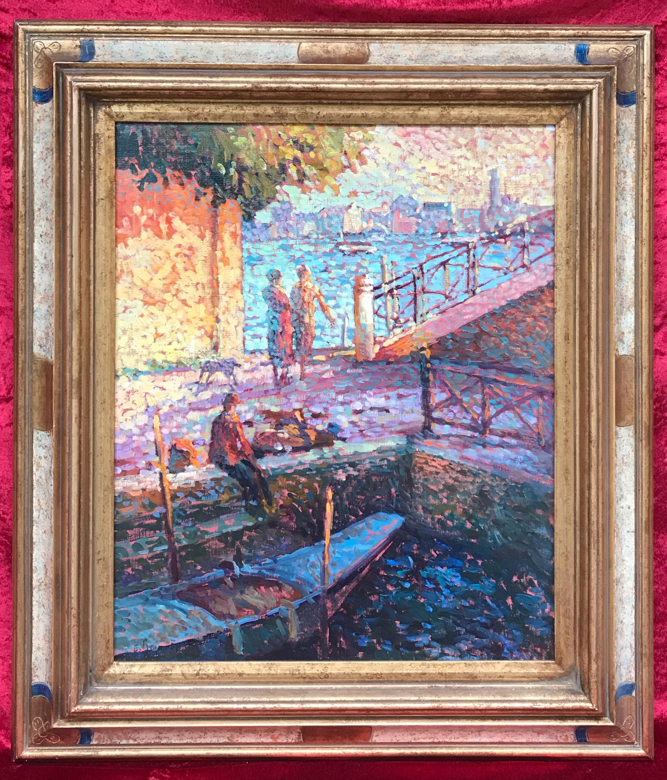 Eugène Bégarat Landscape Painting - Venice at Sunset - Original pointillist painting