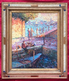 Venise au coucher du soleil - Peinture pointilliste originale 