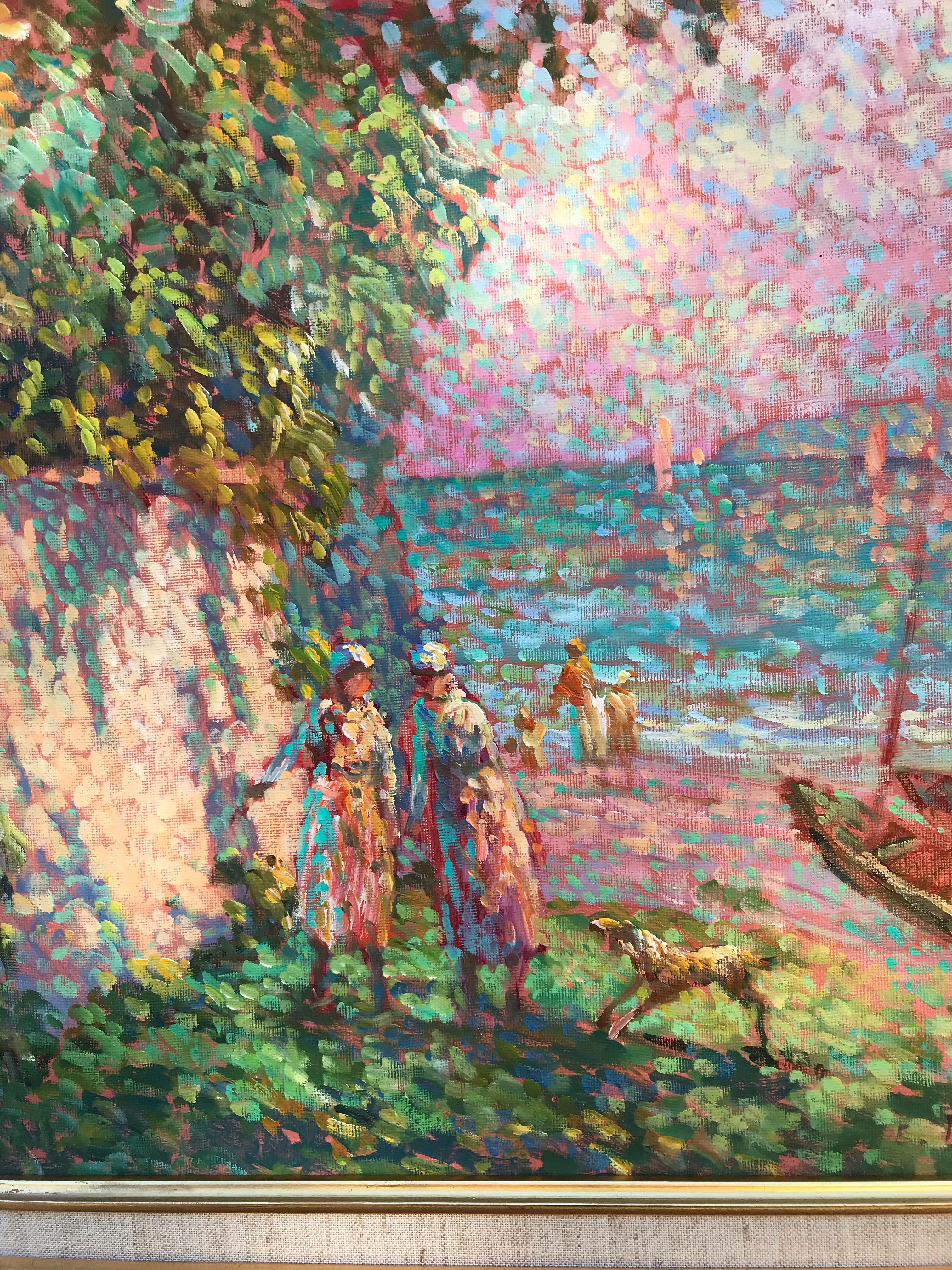 Walking The Dog on The Beach - Pointillist Painting by Eugène Bégarat