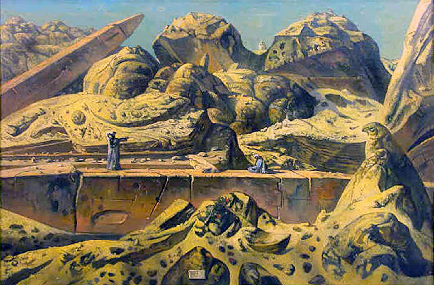 Eugene Berman Landscape Painting – Aswan Desert Landscape with Two Obelisks