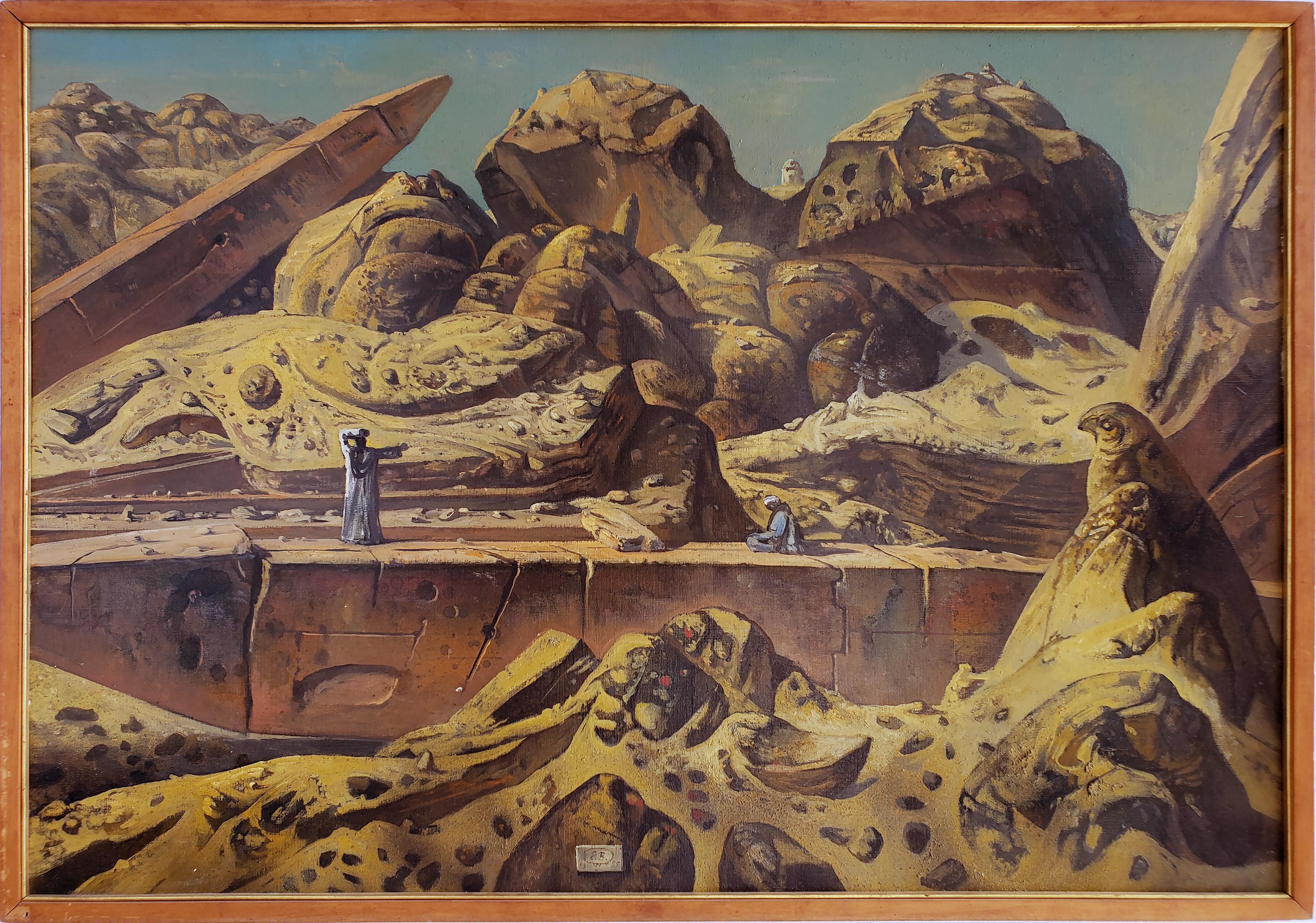 Egypt Aswan Desert Landscape with Two Obelisks - Painting by Eugene Berman