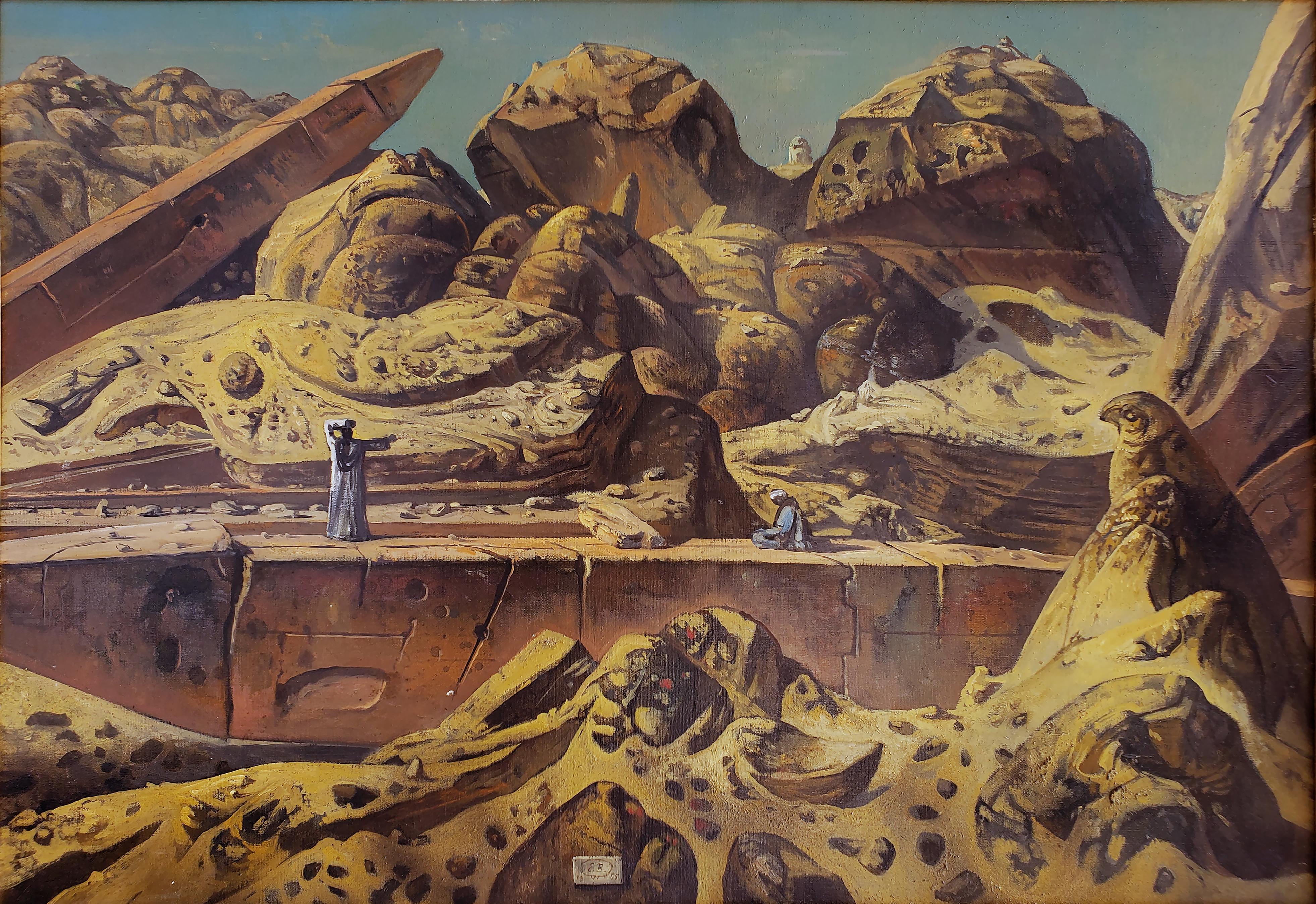 Eugene Berman Landscape Painting - Egypt Aswan Desert Landscape with Two Obelisks