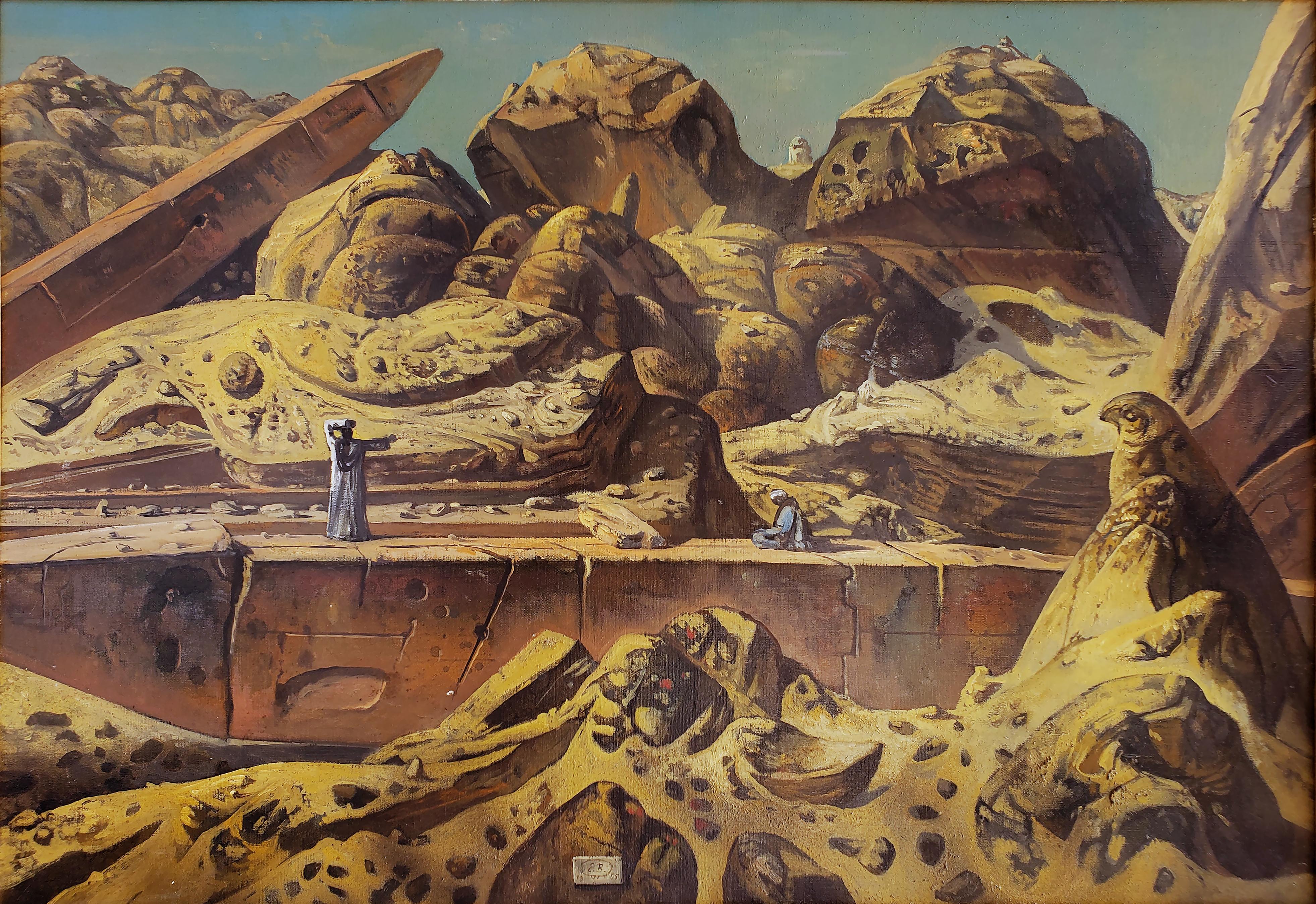 Eugene Berman Figurative Painting - Surreal Egypt Aswan Desert Landscape with Two Obelisks