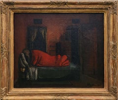 "Interieur Nocturne" Eugene Berman, Surrealist, Figure in Bed, Dark Red Interior