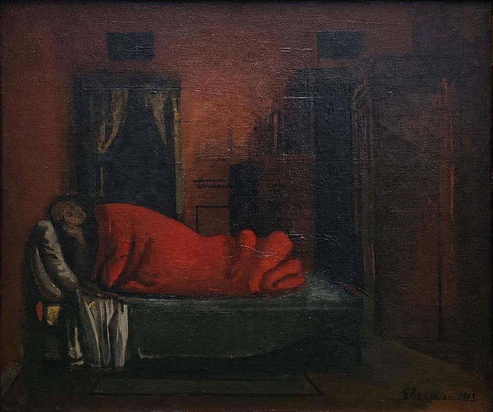 "Interieur Nocturne" Eugene Berman, Surrealist, Figure in Bed, Dark Red Interior