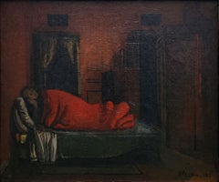 "Interieur Nocturne" Eugene Berman, Surrealist, Figure in Bed, Dark Red Interior