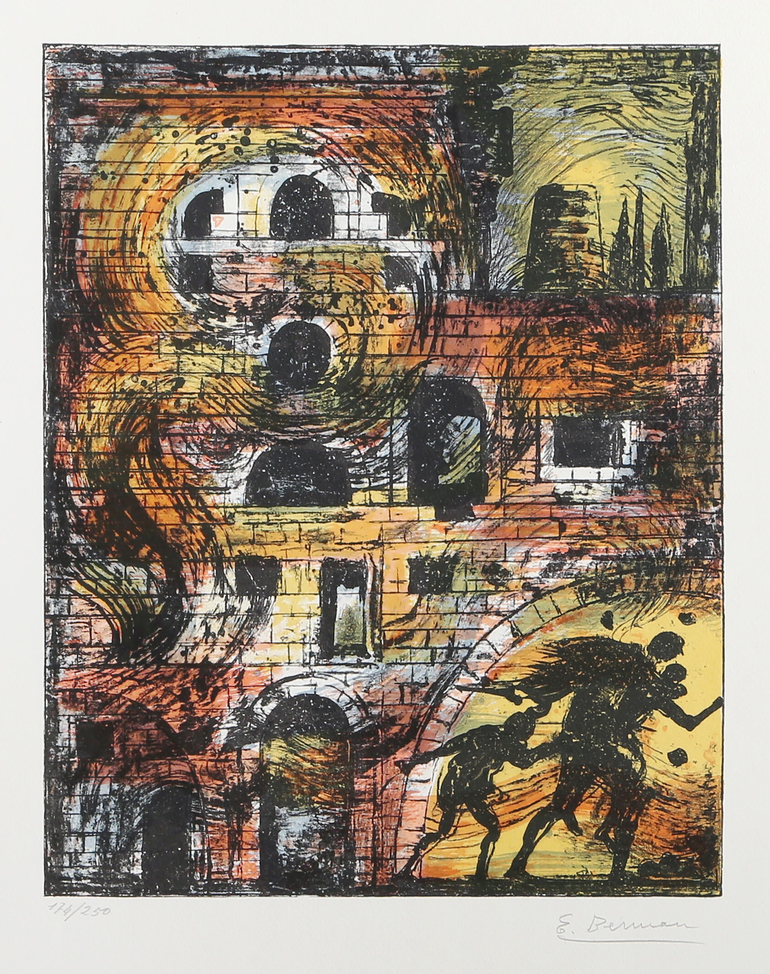 Eugène Berman, Russe (1899 -1972) - L'évasion de Troie, Année :  1967, Moyen :  Lithographie sur CM Fabriano, signée et numérotée au crayon, Edition :  174/250, Taille de l'image :  14 x 11.25 pouces, Taille :  25.5 x 19.5 in. (64.77 x 49.53 cm),