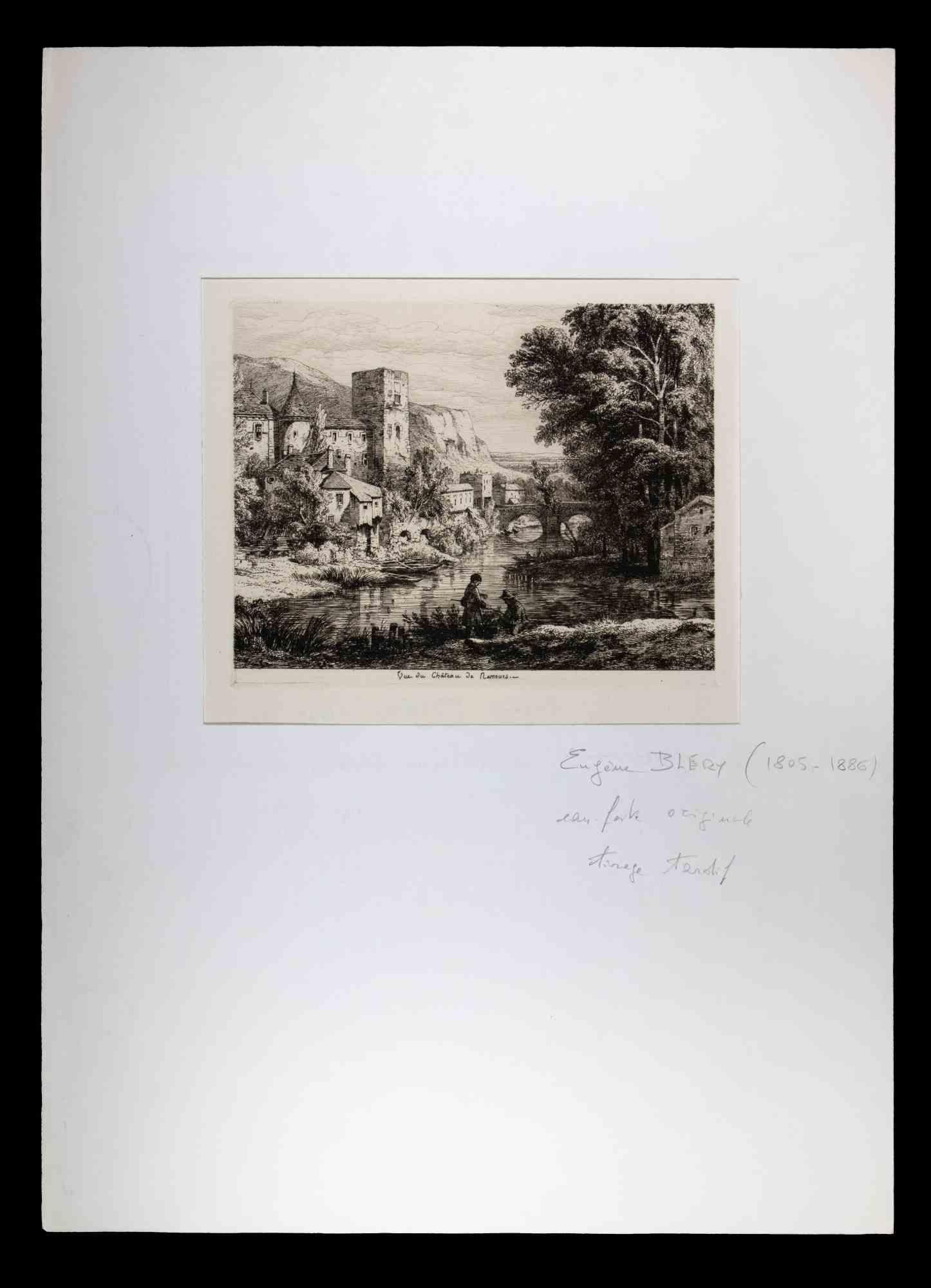 Eugene Blery Landscape Print - View of Castle of Nemours - Original Etching by Eugène Bléry - Mid 19th Century