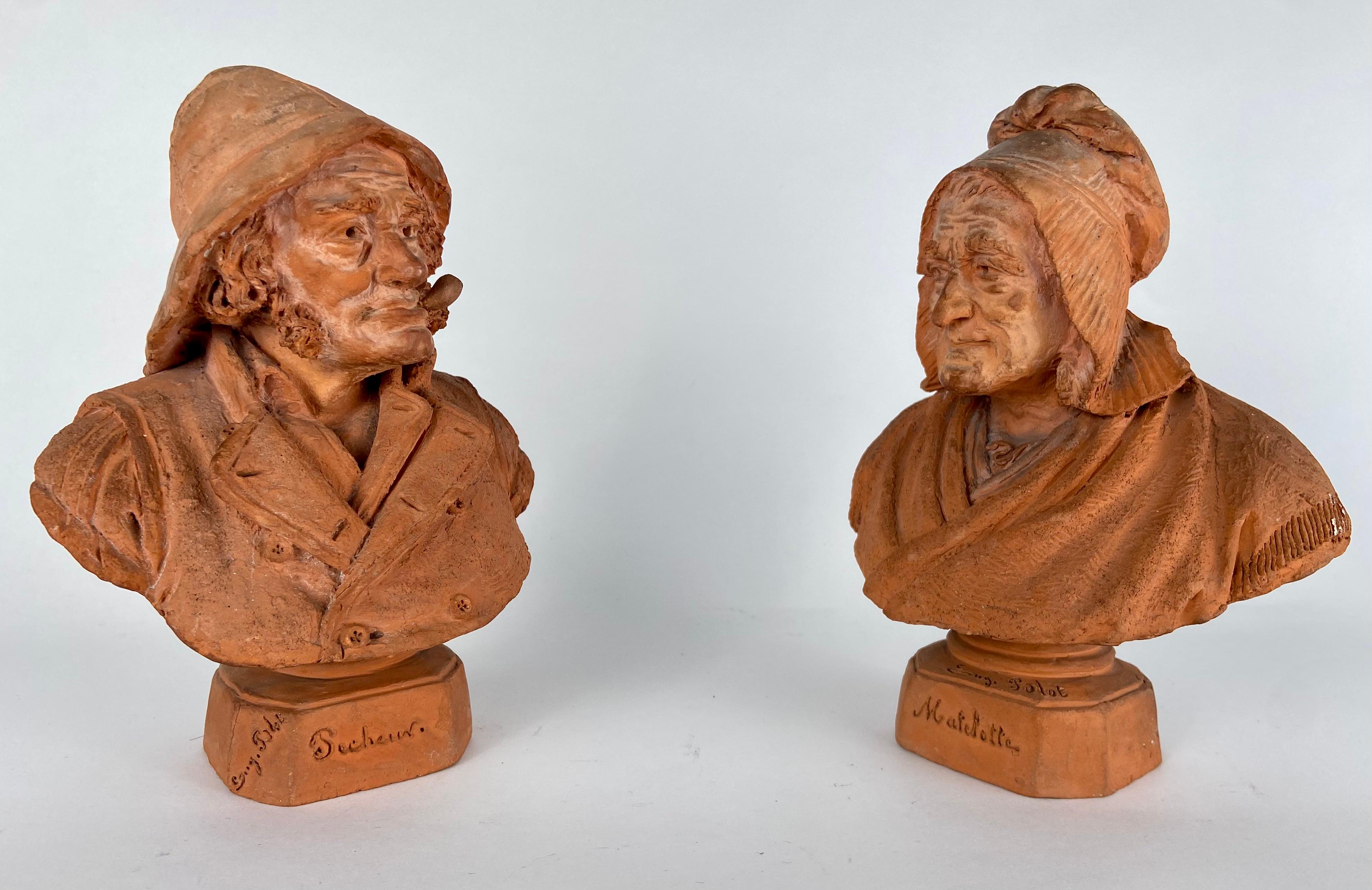 Hand-Crafted Eugène Blot, pair of small busts in terracotta For Sale