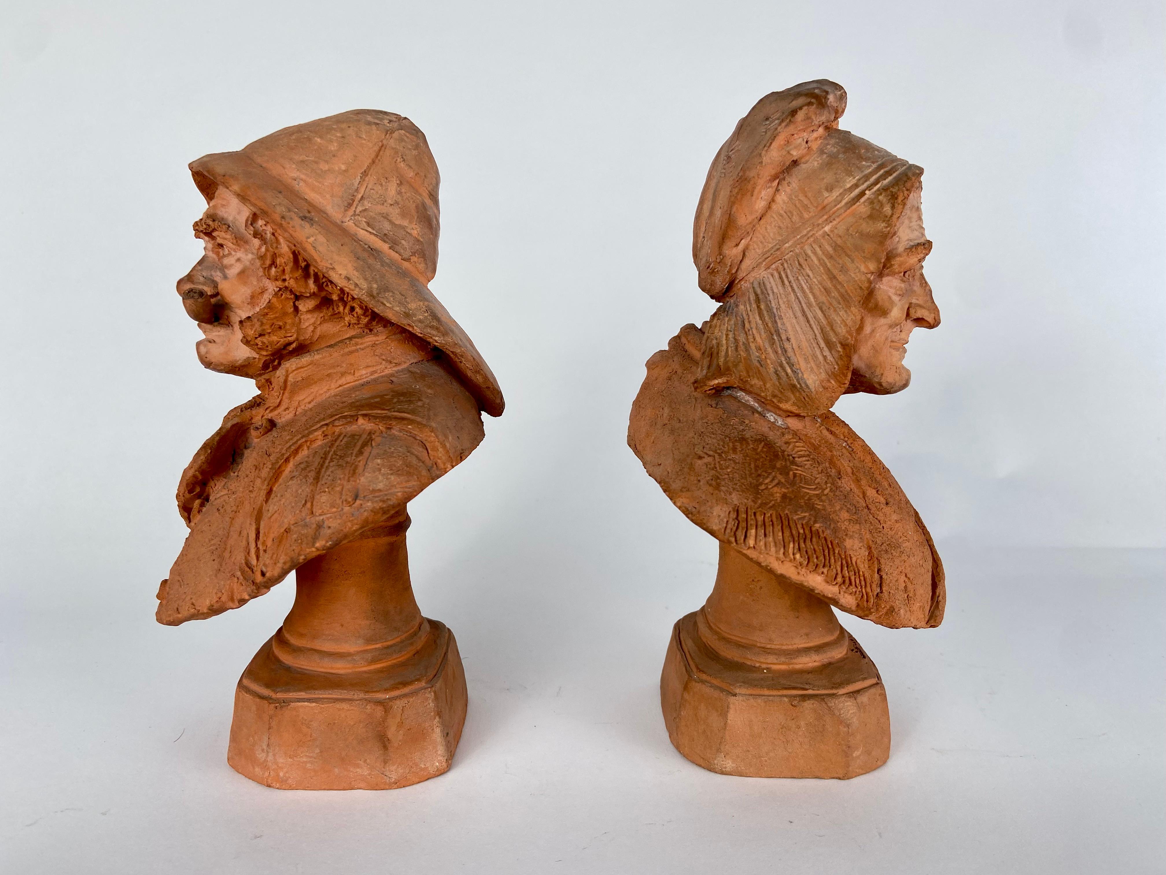 Terracotta Eugène Blot, pair of small busts in terracotta For Sale